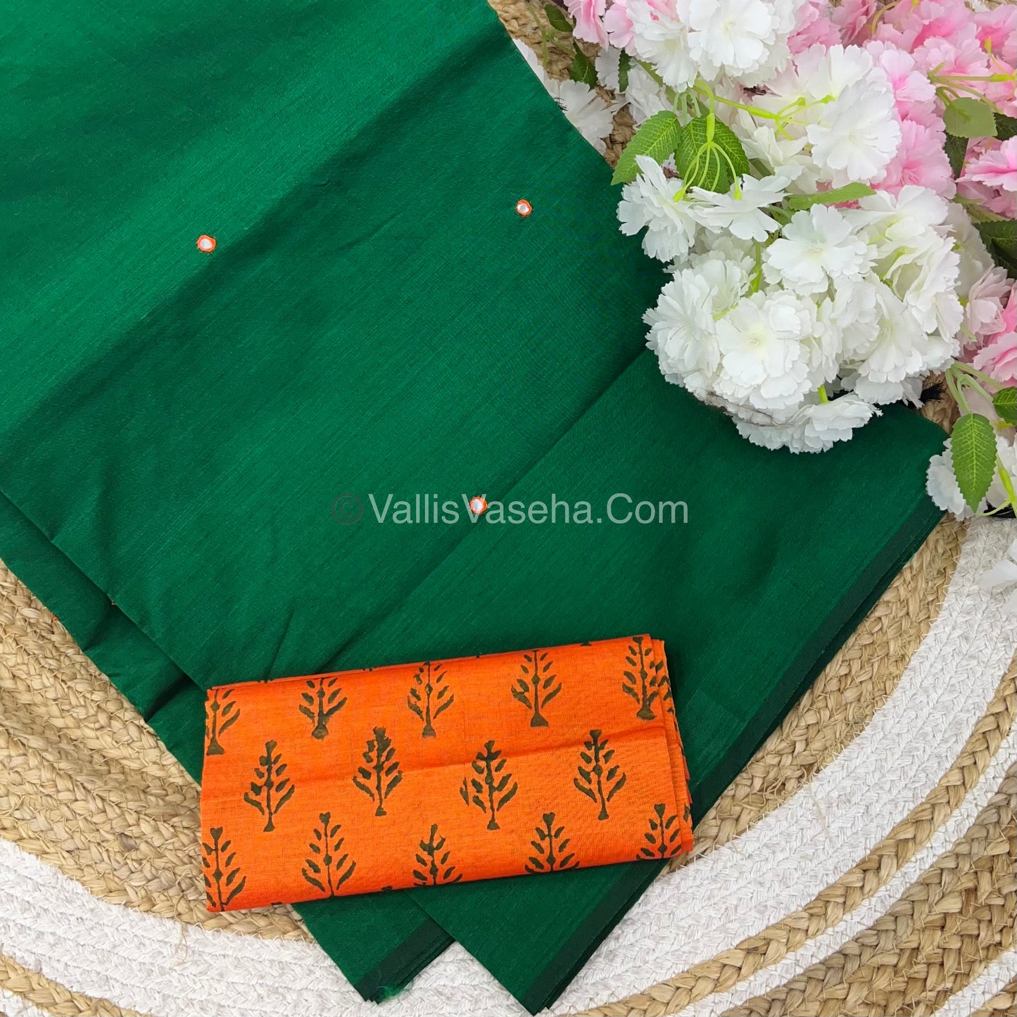 South Mixed Cotton - Mirror Work Embroidery - Green With Orange - VVPCM002