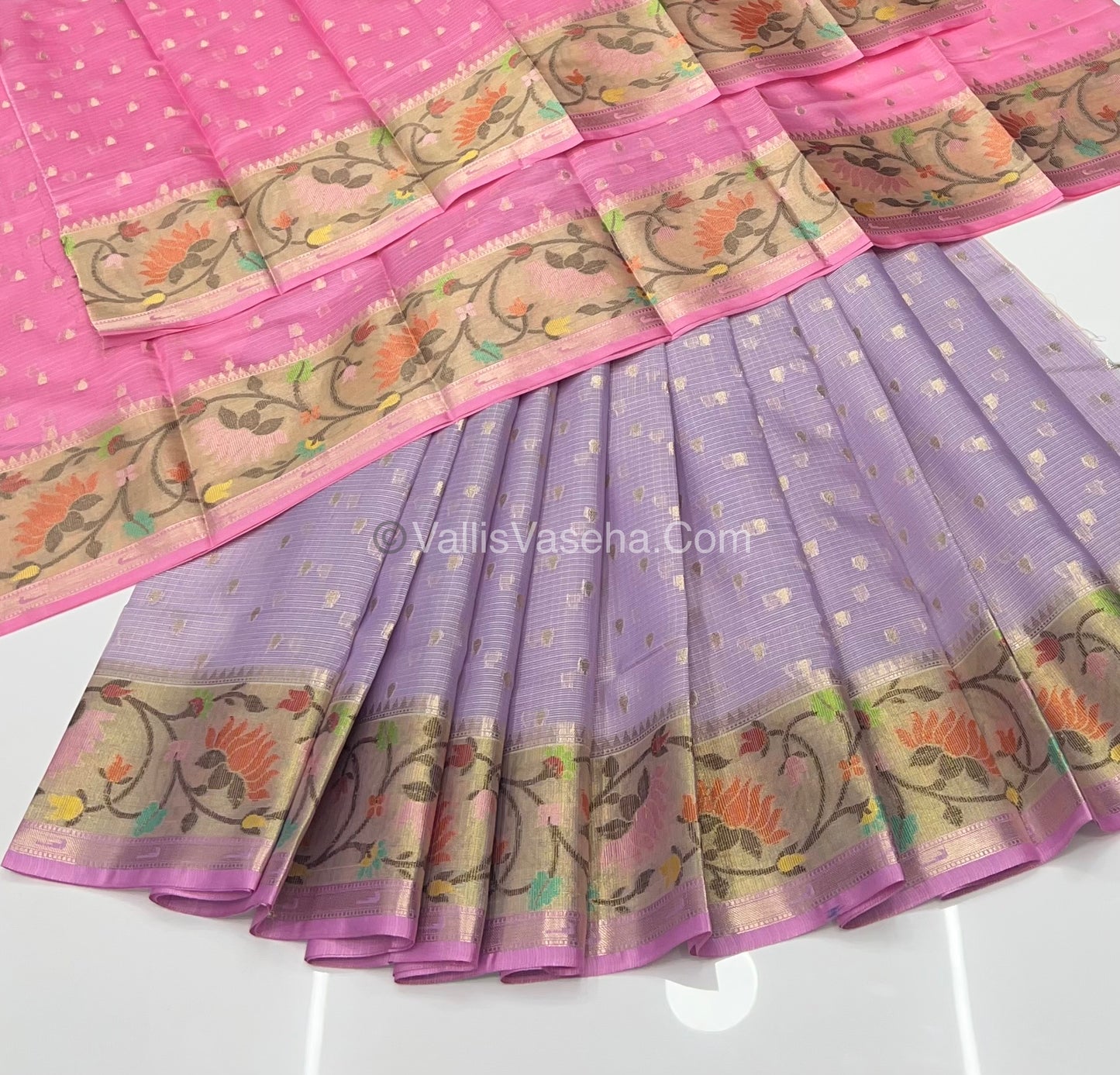 Unstitched - Lehenga Material - Zari Kota Tissue - Lavender & Pink - VVULM001