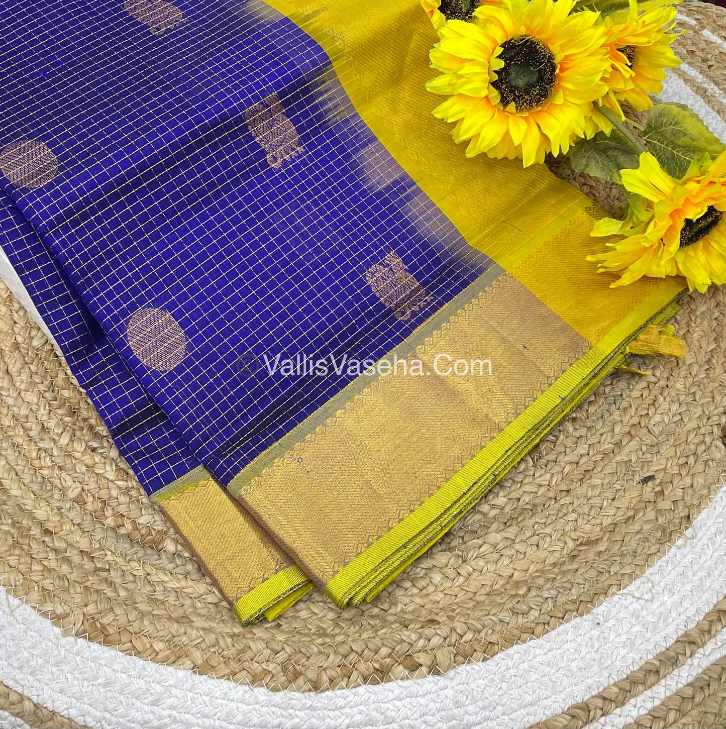 Pure Silk Cotton Saree - Mayil & Chakkaram Design - Blue with Lemon Green Combo - VVMC002