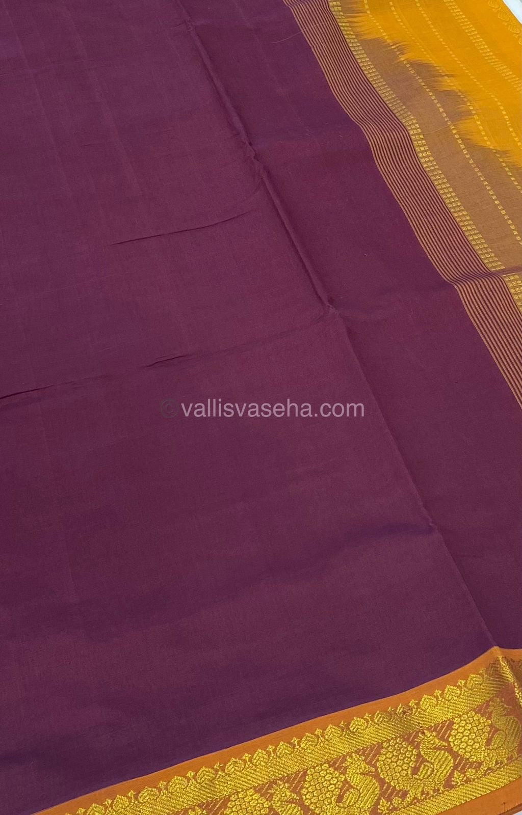 Semi Silk Cotton Saree - Dark Purplish Wine shade & Yellow Combo - VVSSC001