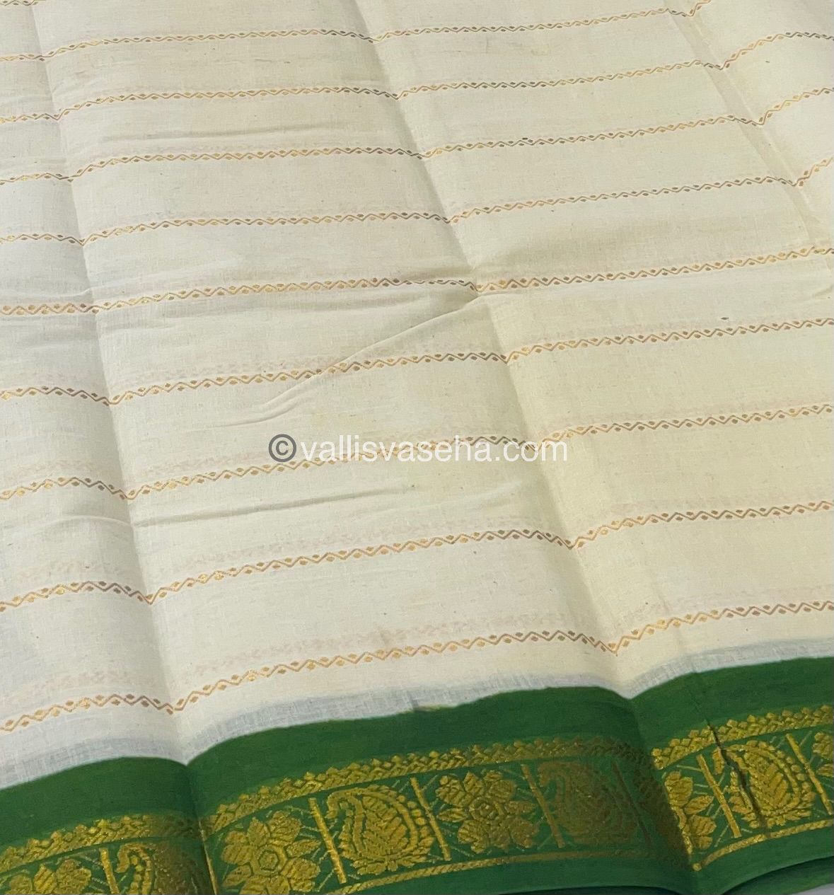 Sungudi Cotton Saree | Velthari Design - Half White with Green Shade - VVSCV001