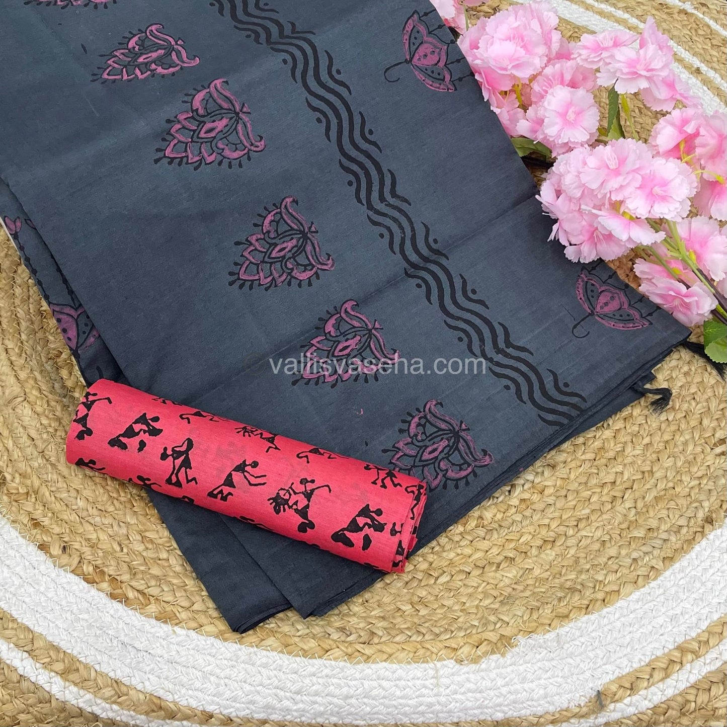 South Mixed Printed Cotton - Grey With Peach - VVPCP002
