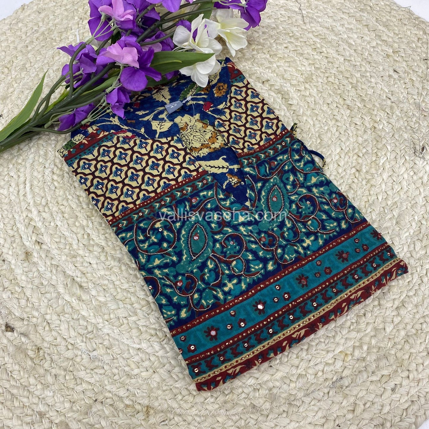 Ready Made - Long Floor Length Kurti - Blue Color - Kalamkari Design - VVKLG001