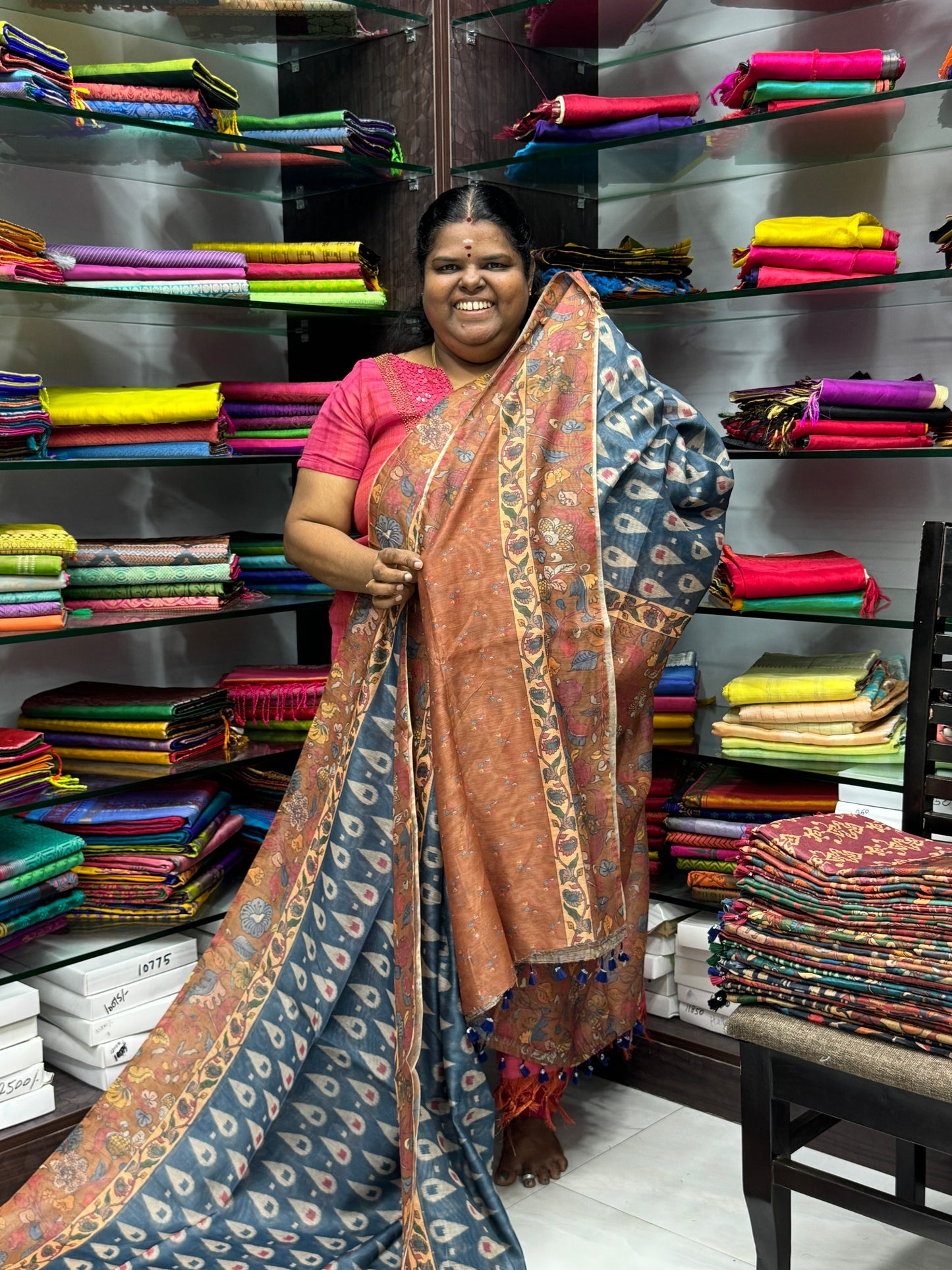 Chanderi Mixed Cotton Saree - Ikkat & kalamkari design - VVCC002