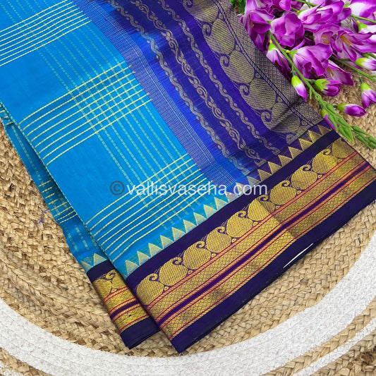 Pure Korvai Silk Cotton - Zari checks lines - Blue & Blue Combo - VVKSC010
