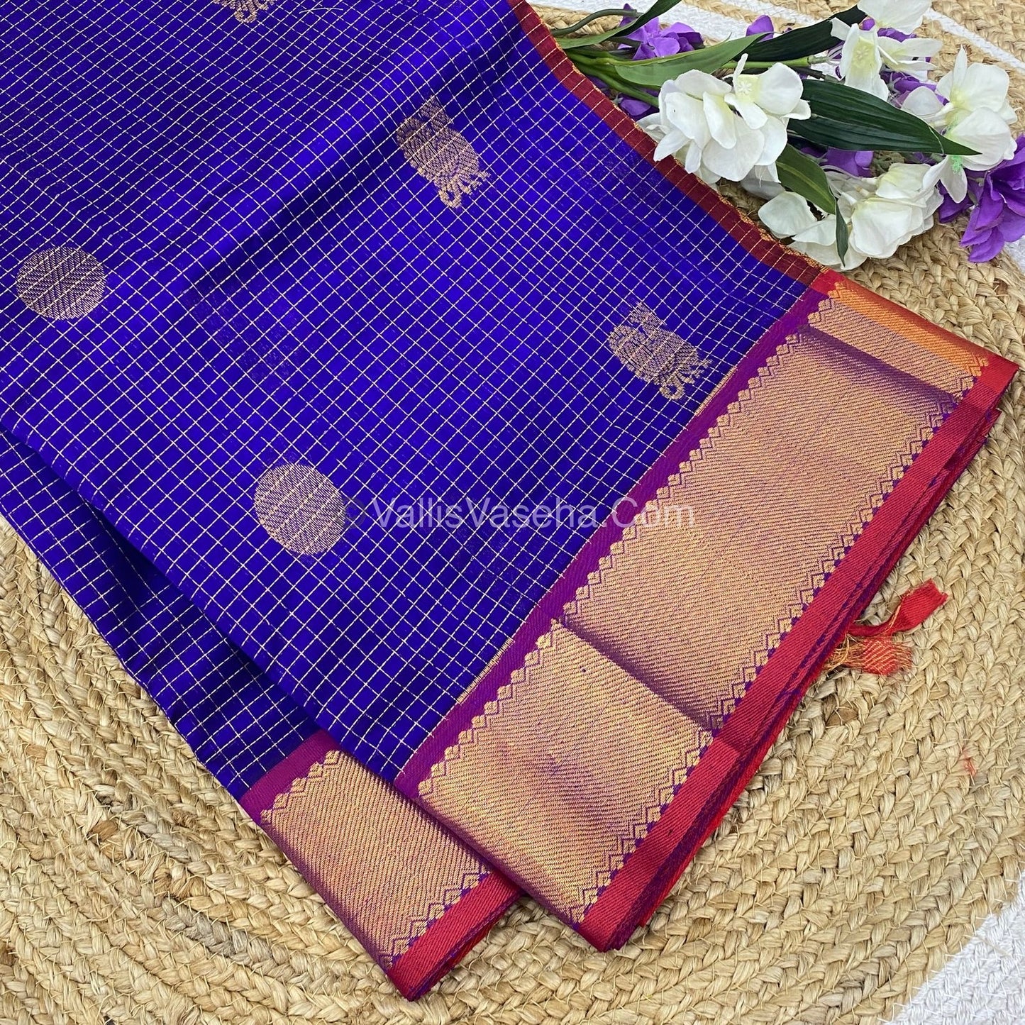 Pure Silk Cotton Saree - Mayil & Chakkaram Design - Dark Blue with - Red VVMC002