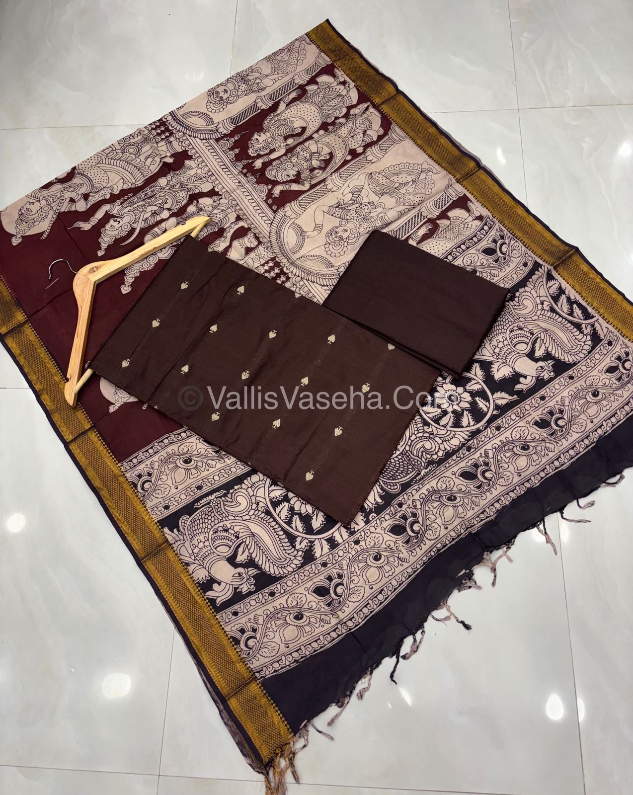 Unstitched Salwar Material -Raw Silk - Brown Shade & Nizam Border Duppatta - VVUSM010