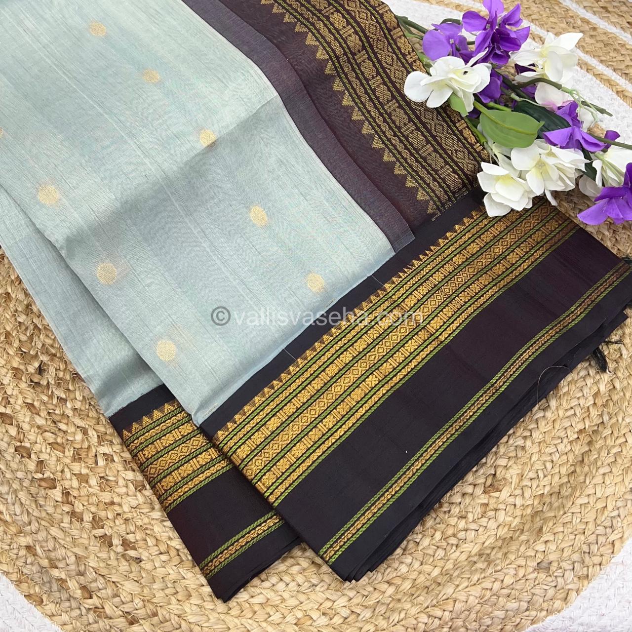 Pure Korvai Silk Cotton Saree - Grey with Brown - Retta Petta border - VVKSC004