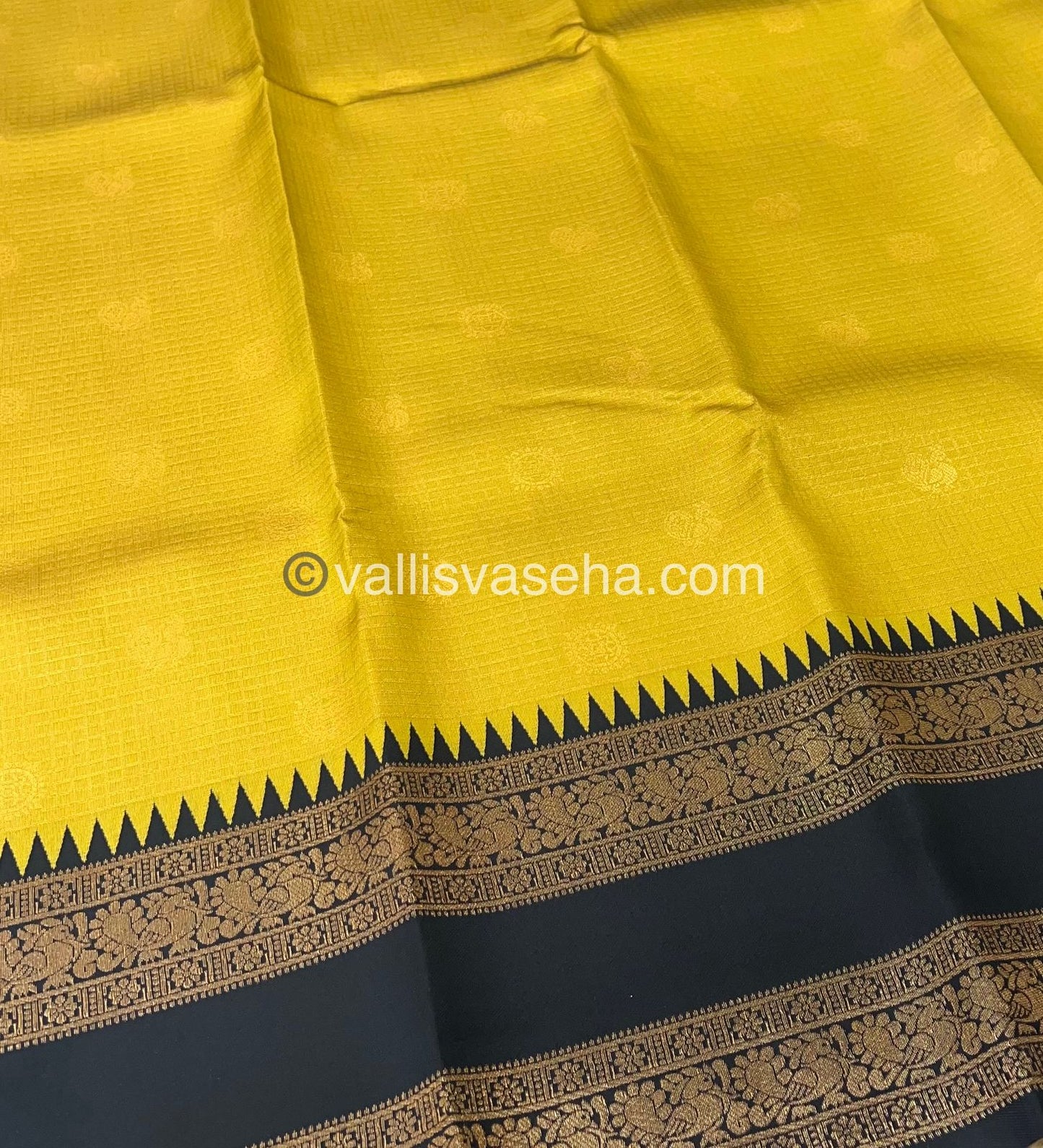Kanchi Semi Silk - Mayil & Chakkaram design - Yellow with Black - VVKSS001