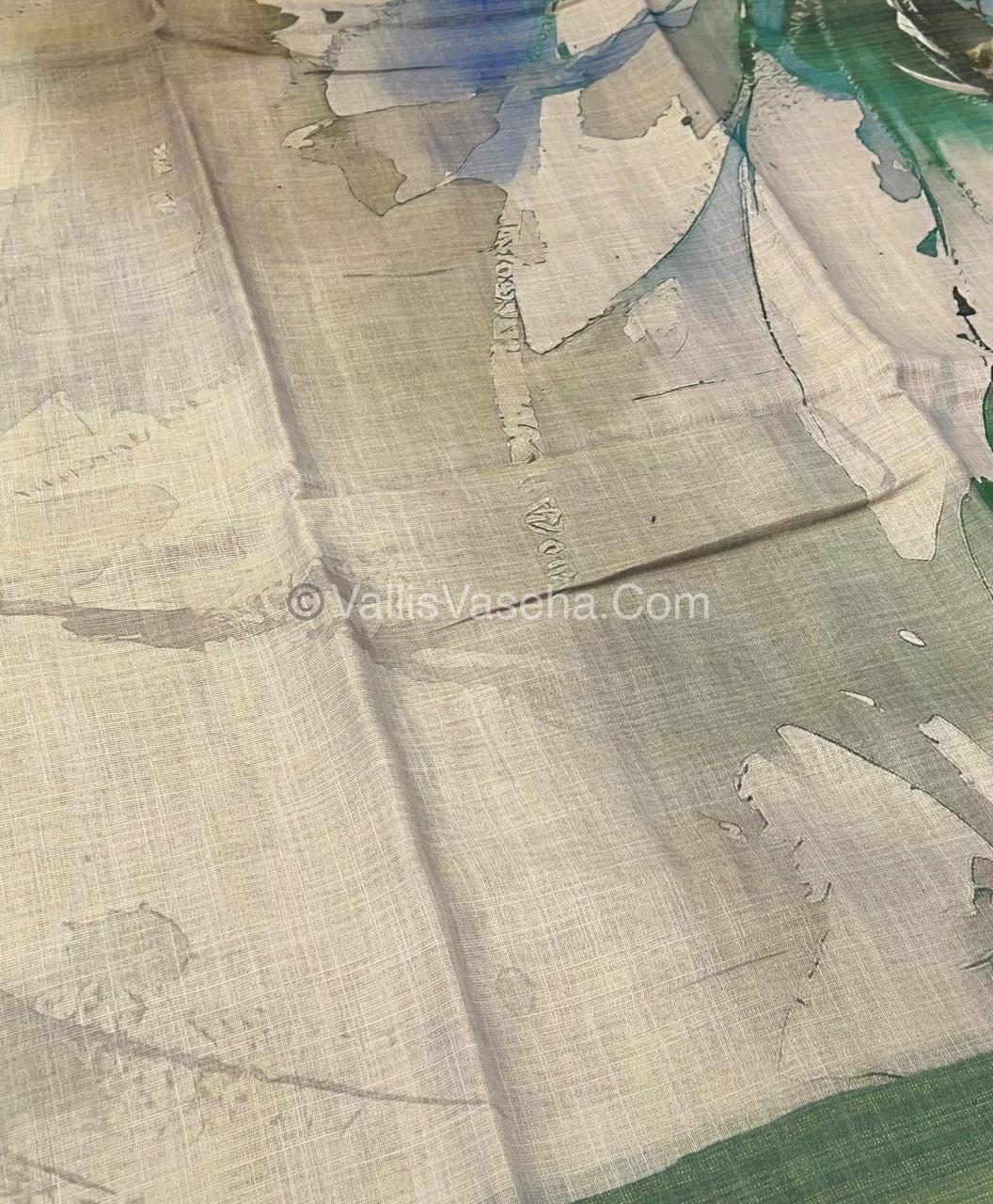 Tissue Linen Saree - Cloud Design - Green Shade - VVTLS002
