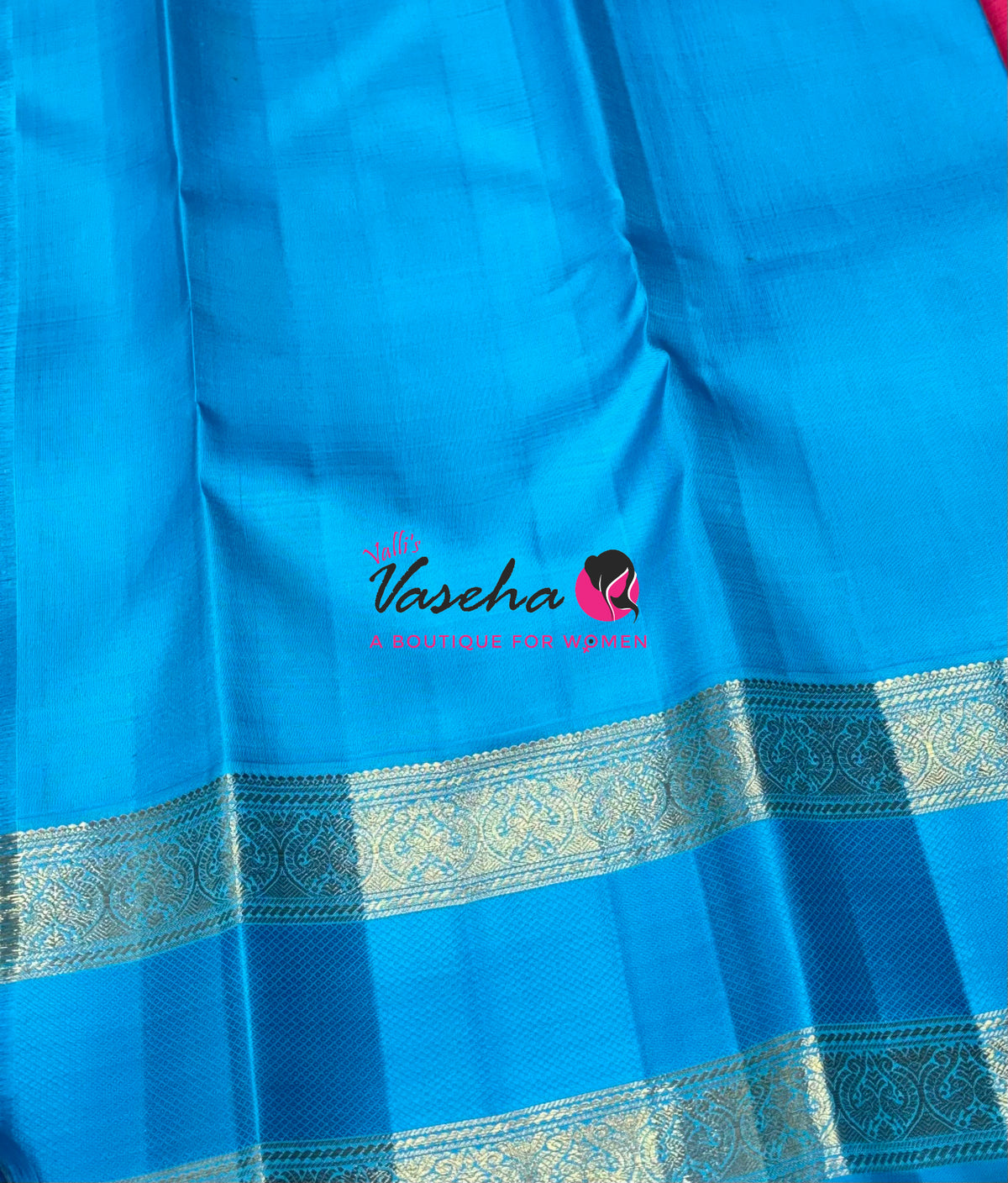 Pure Handloom Korvai Kanchipuram Silk Saree - 100% Pure Zari - Pink With Blue Combo - VVPS103