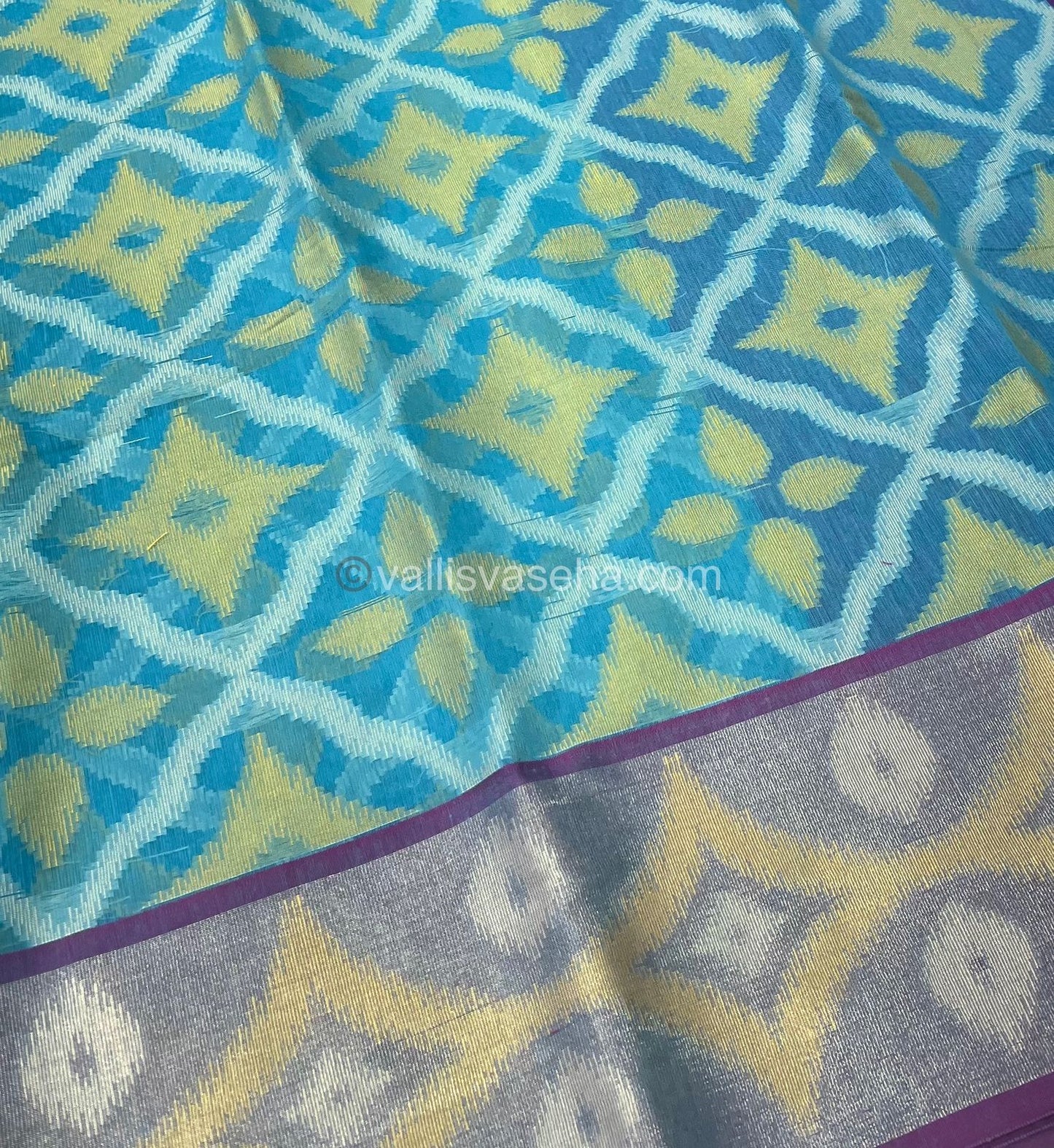 Banarasi Pochampally Weaving Semi Soft Cotton Saree - Light blue with purple - VVBPS001