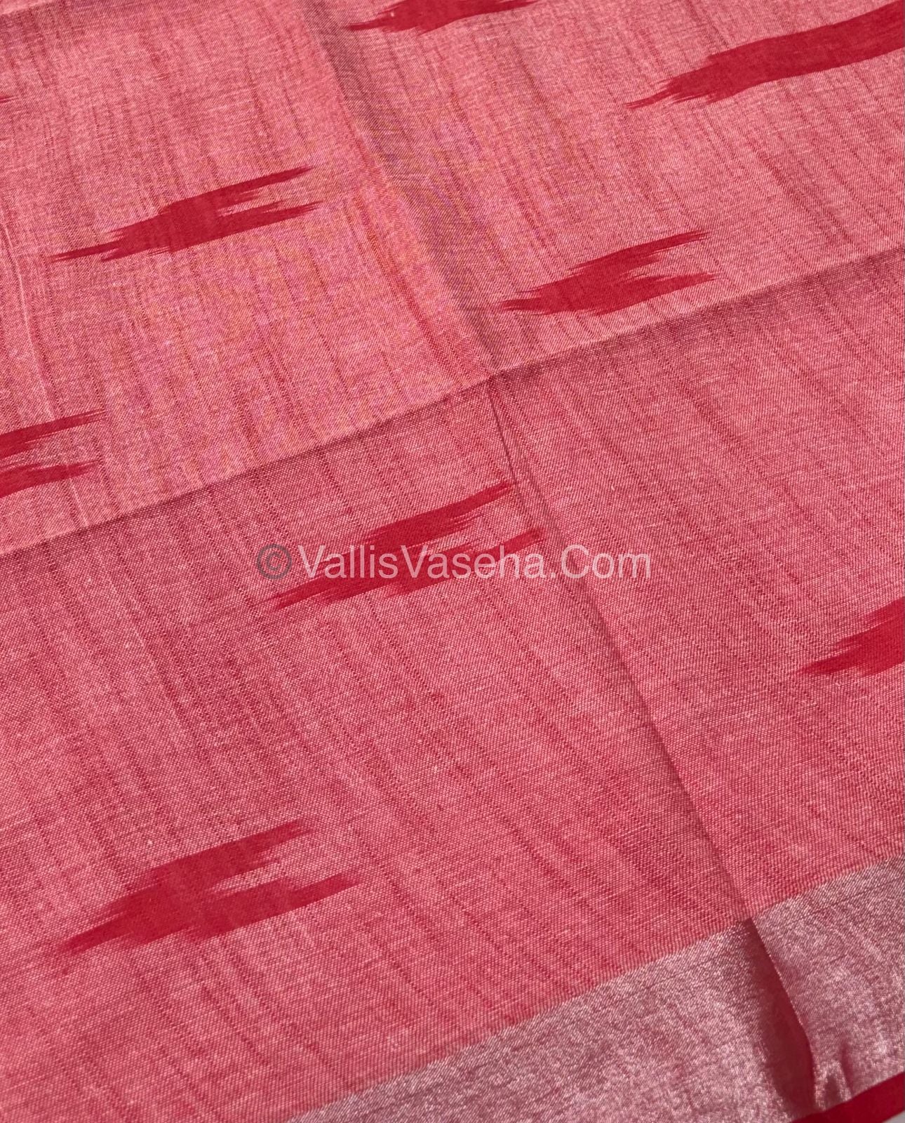 Bhagalpuri Linen Cotton Saree - Ikkat Print - Pink With Red Shade - VVBLC001