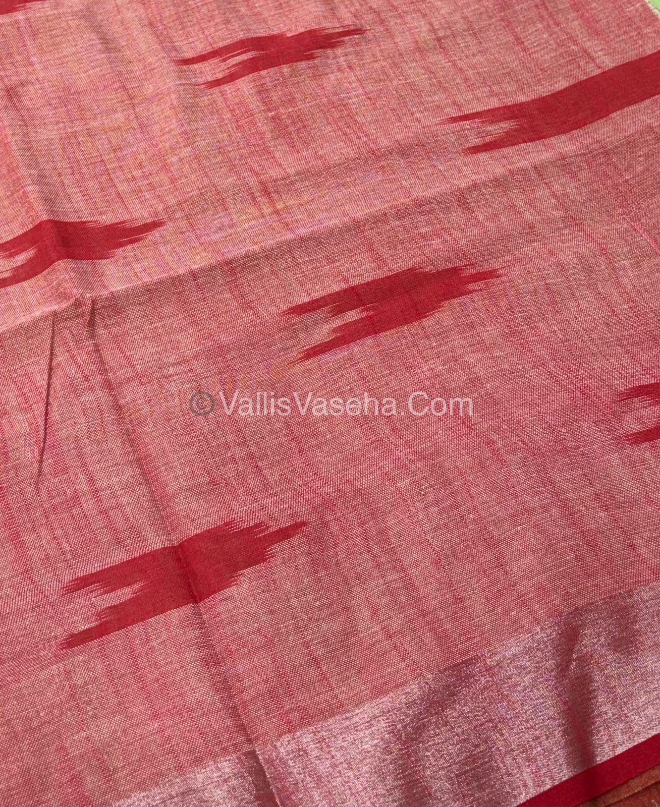 Bhagalpuri Linen Cotton Saree - Ikkat Print - Green With Red Shade - VVBLC001