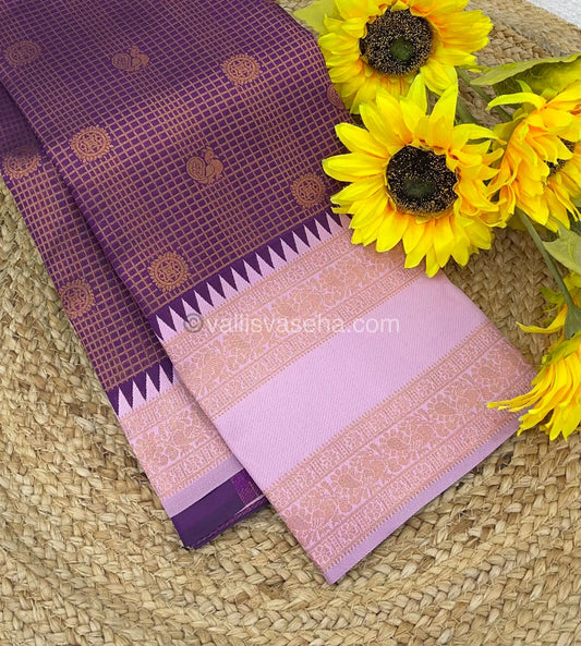 Kanchi Semi Silk - Purple with Onion Pink - Mayil & Chakkaram design - VVKSS001