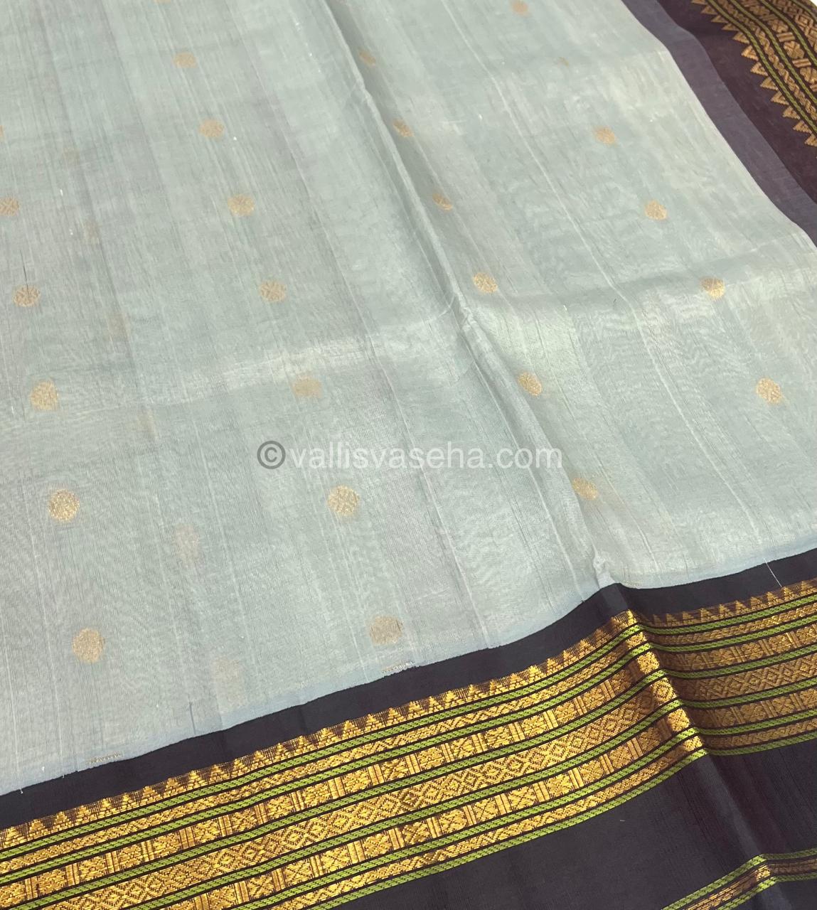 Pure Korvai Silk Cotton Saree - Grey with Brown - Retta Petta border - VVKSC004