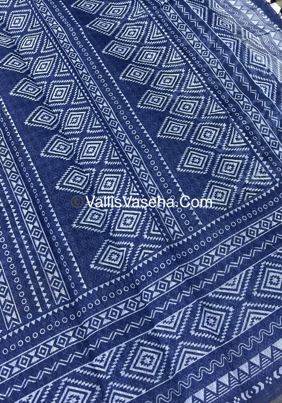 Linen Mixed Cotton Saree - Indigo Blue - Printed - VVLMP001