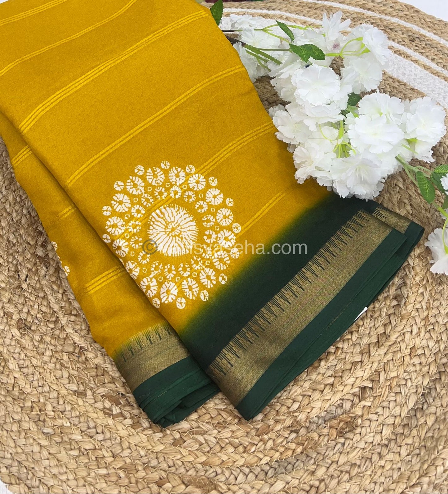 Muslin Georgette Saree - Yellow with Green - VVMGS001