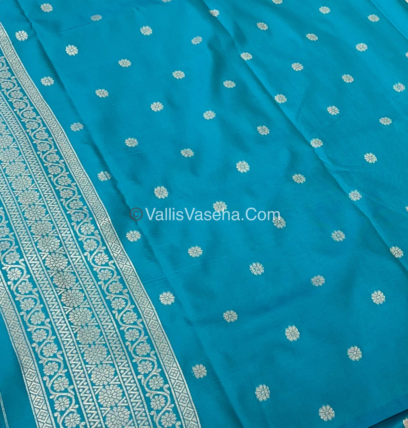 Semi Soft Silk - Flower Butta Border - Turquoise Blue Shade -VVSSS016