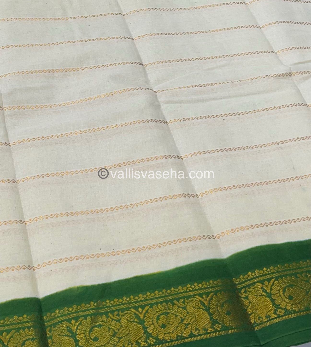 Sungudi Cotton Saree | Velthari Design - Half White with Green Shade - VVSCV001