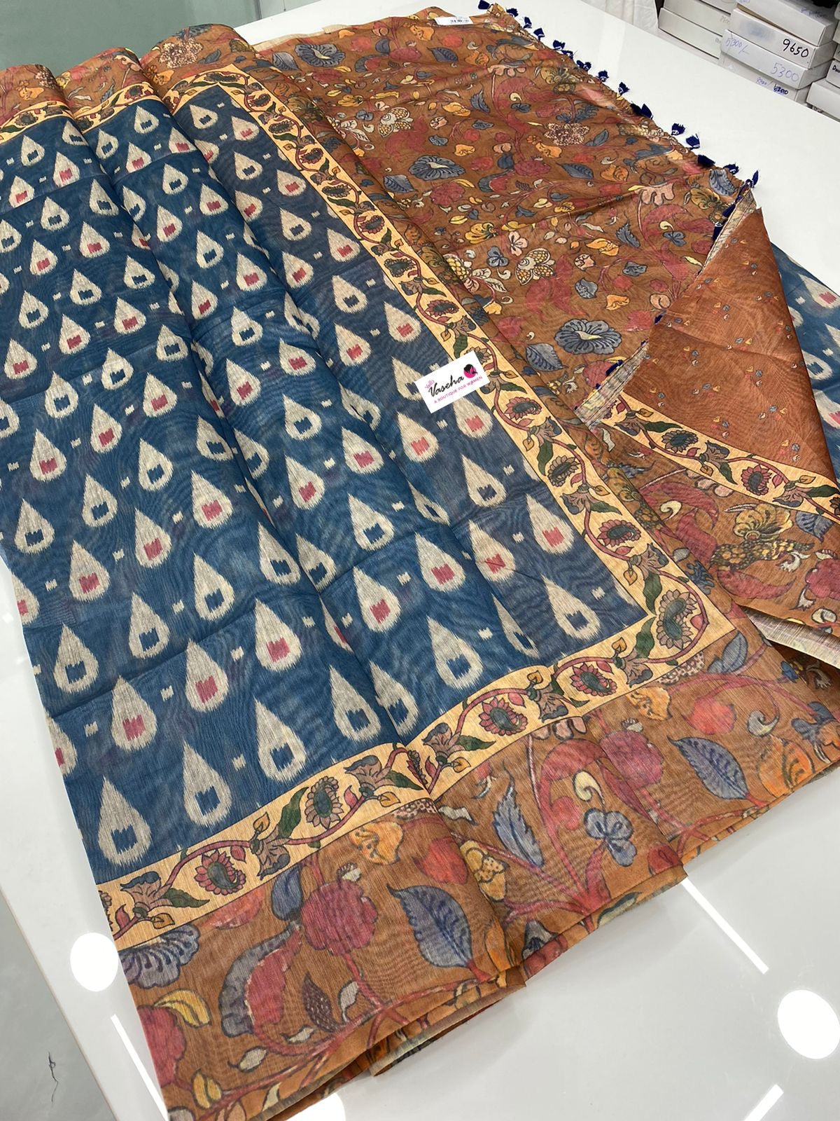 Chanderi Mixed Cotton Saree - Ikkat & kalamkari design - VVCC002