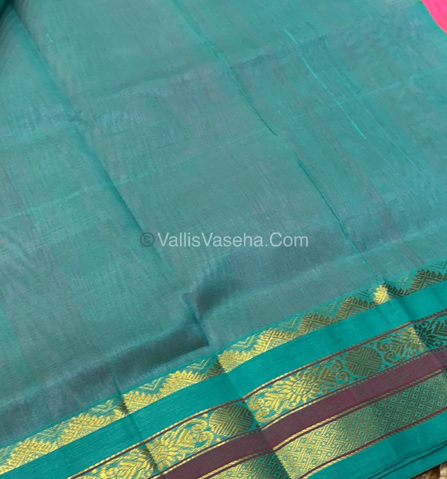 Pure Korvai Silk Cotton - Pink with Sea Blue Combo - VVKSC006