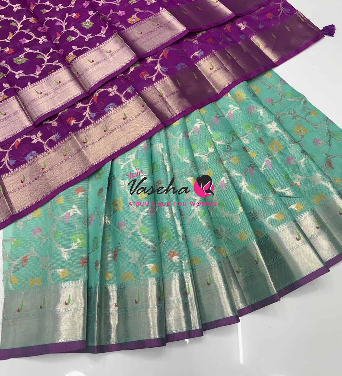 Unstitched - Lehenga Material - Zari Kota Tissue - Sea Green & Purple - VVULM003