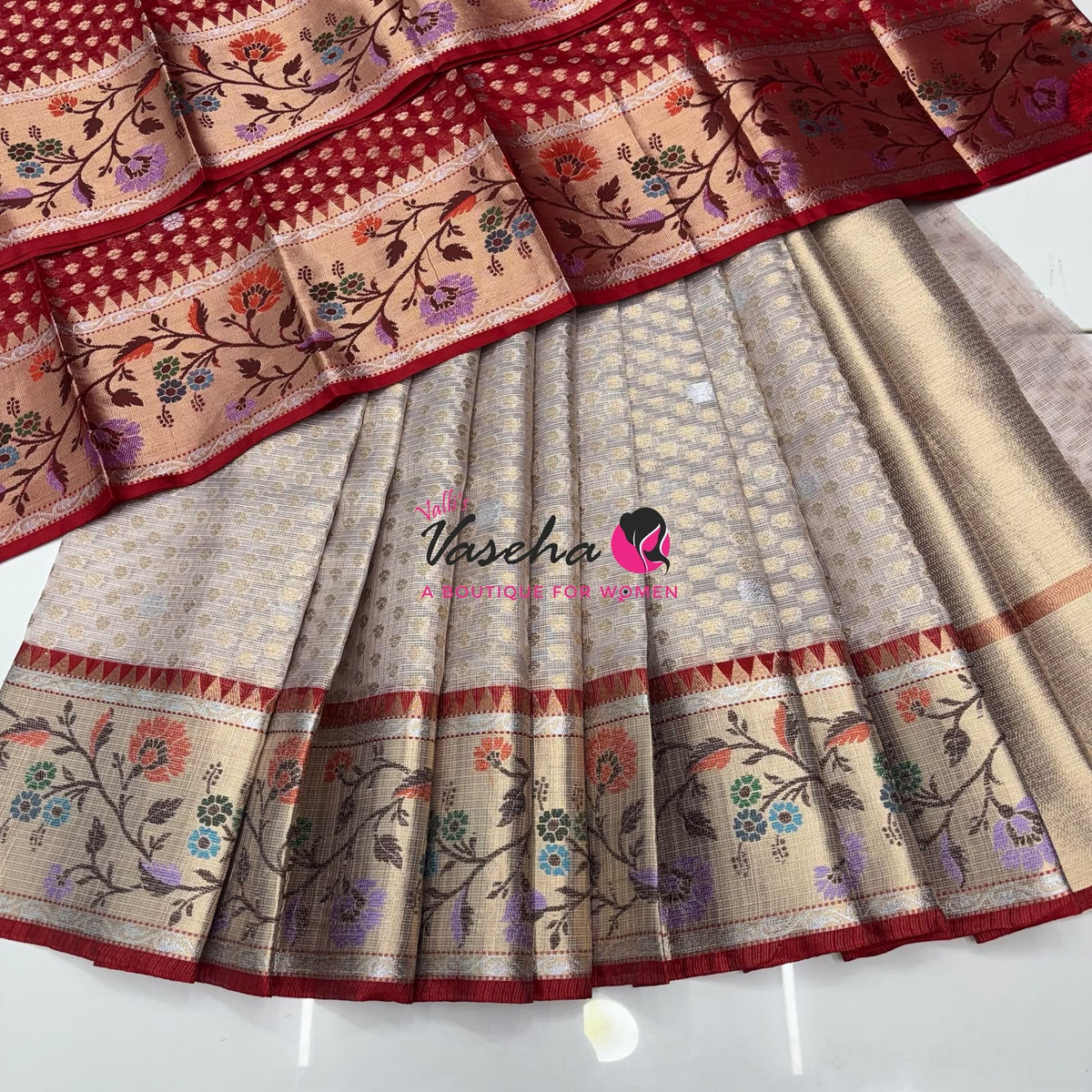 Unstitched - Lehenga Material - Zari Kota Tissue - Light Lavender Cream & Red - VVULM001