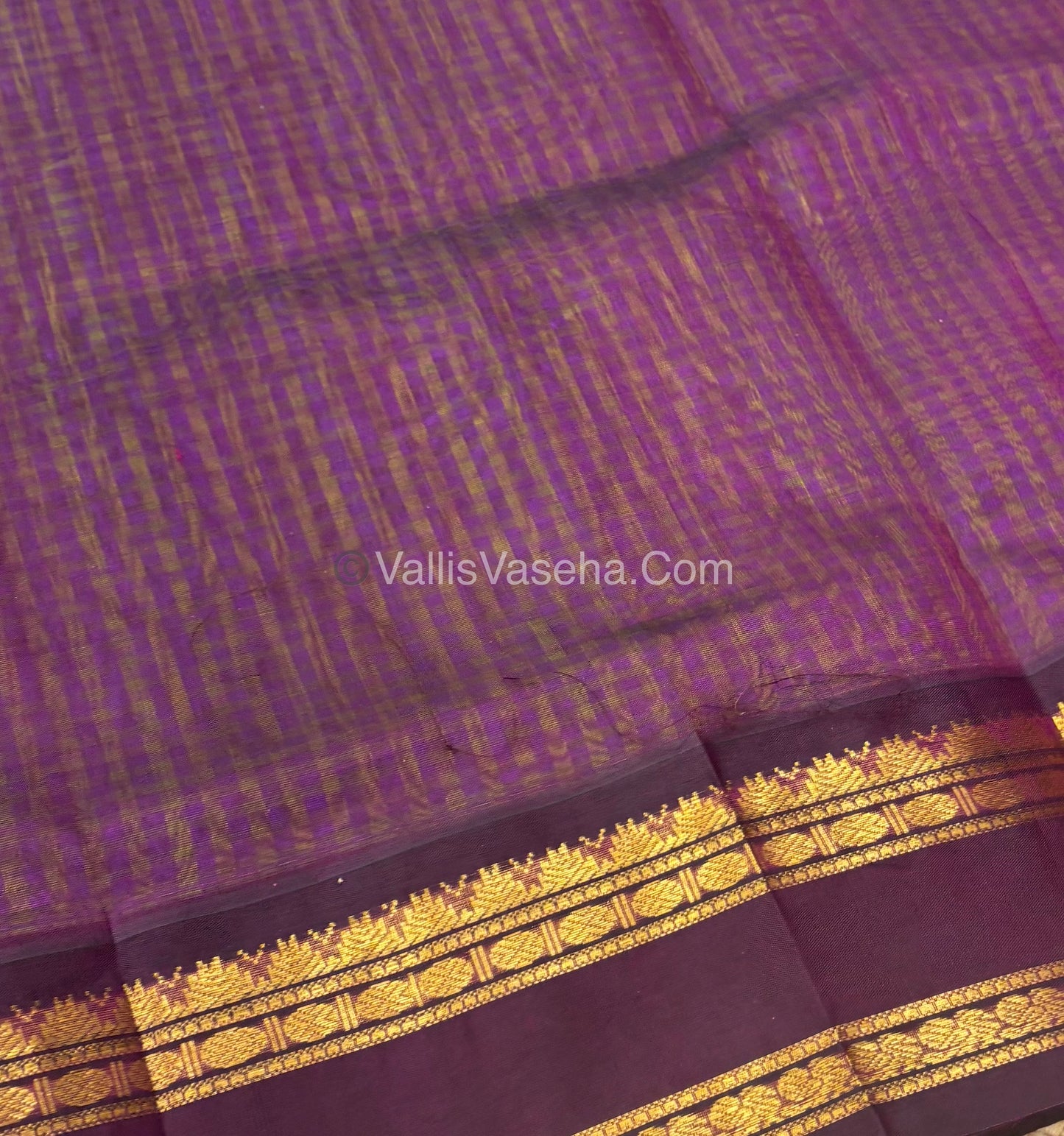 Pure Korvai Silk Cotton - Podi Kattam - Retta Petta Border - Green & Purple & with Wine - VVKSC003