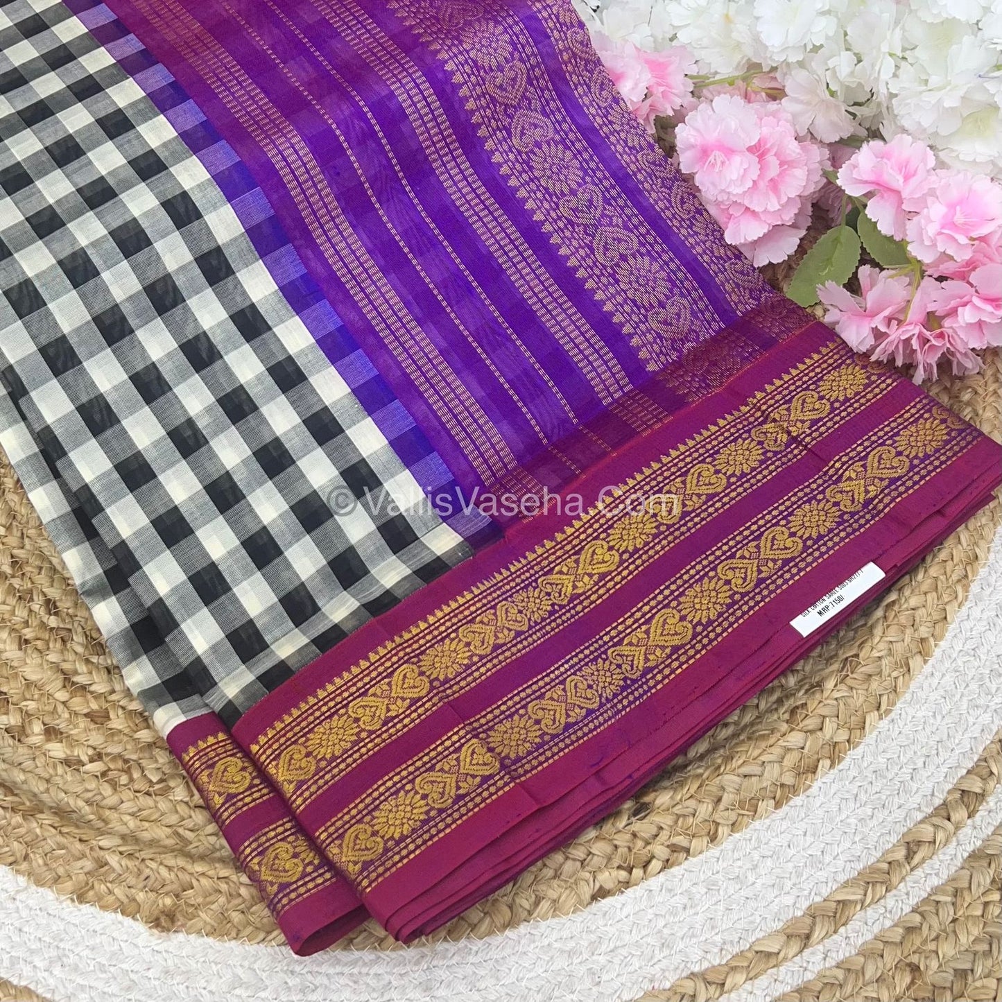 Pure Korvai Silk Cotton With Retta Petta Border -Black & White kattam pattern with Purple Combo - VVKSC003