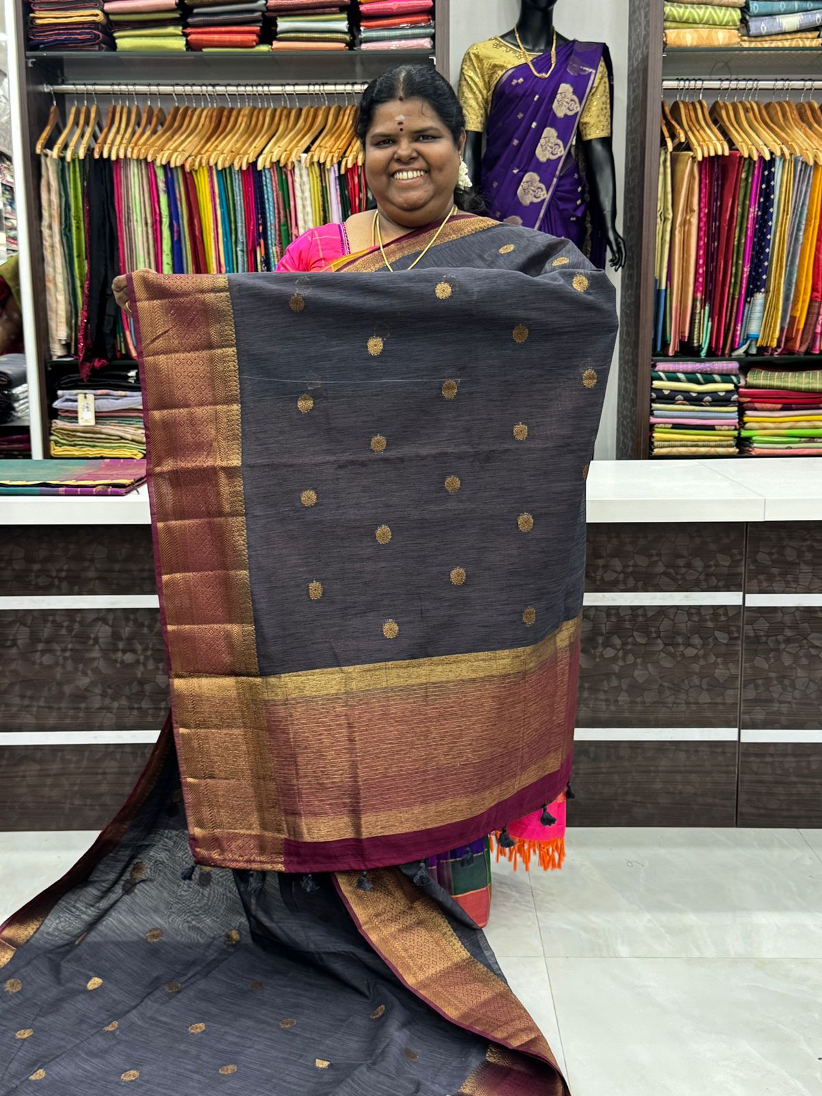 Bamboo Silk Saree - Grey with Dark Purple Shade - VVBSS001