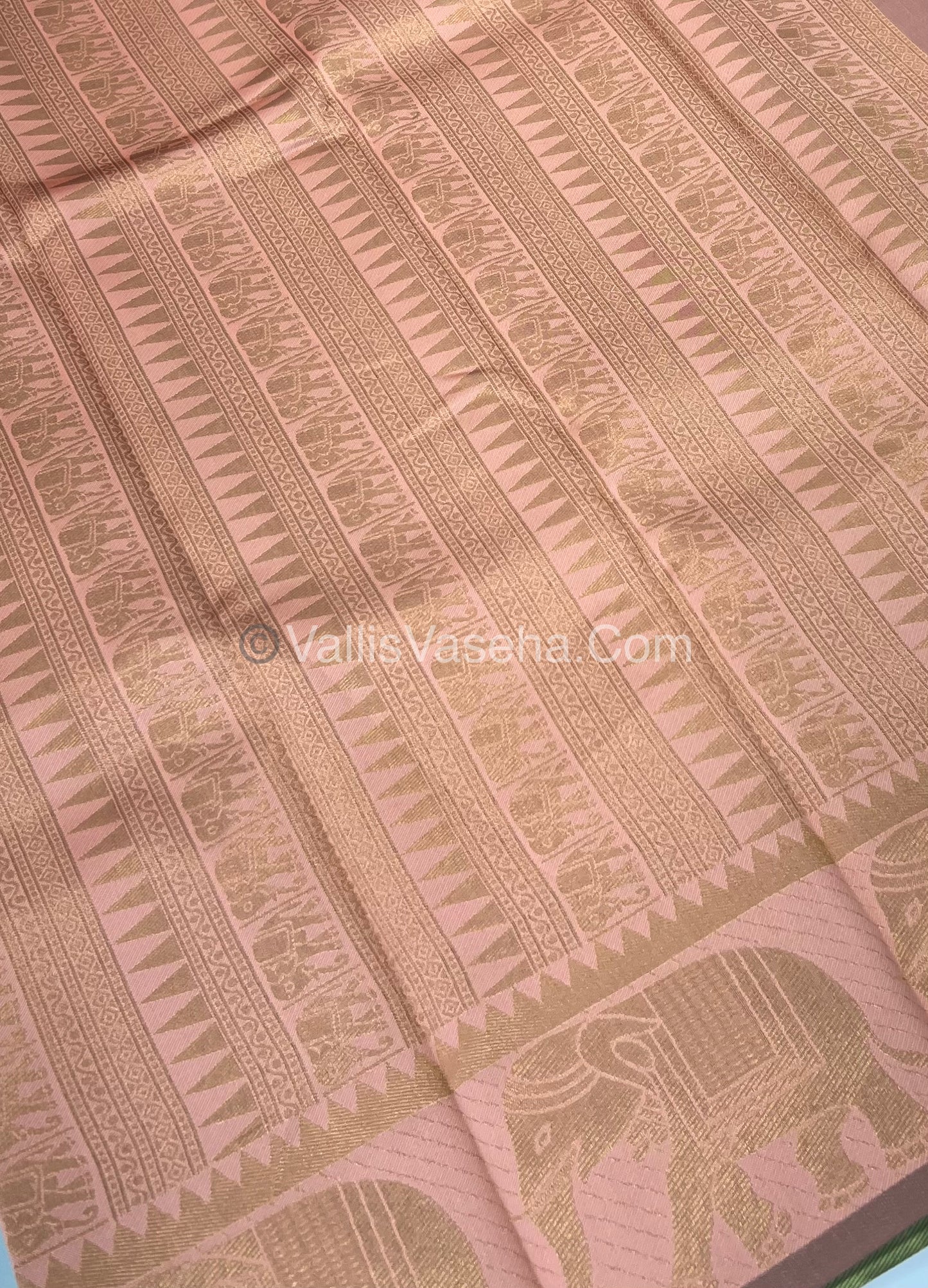 Semi Silk Saree - Kanchi Silk Style - Elephant Border - Pista green with Peach - VVSSS005