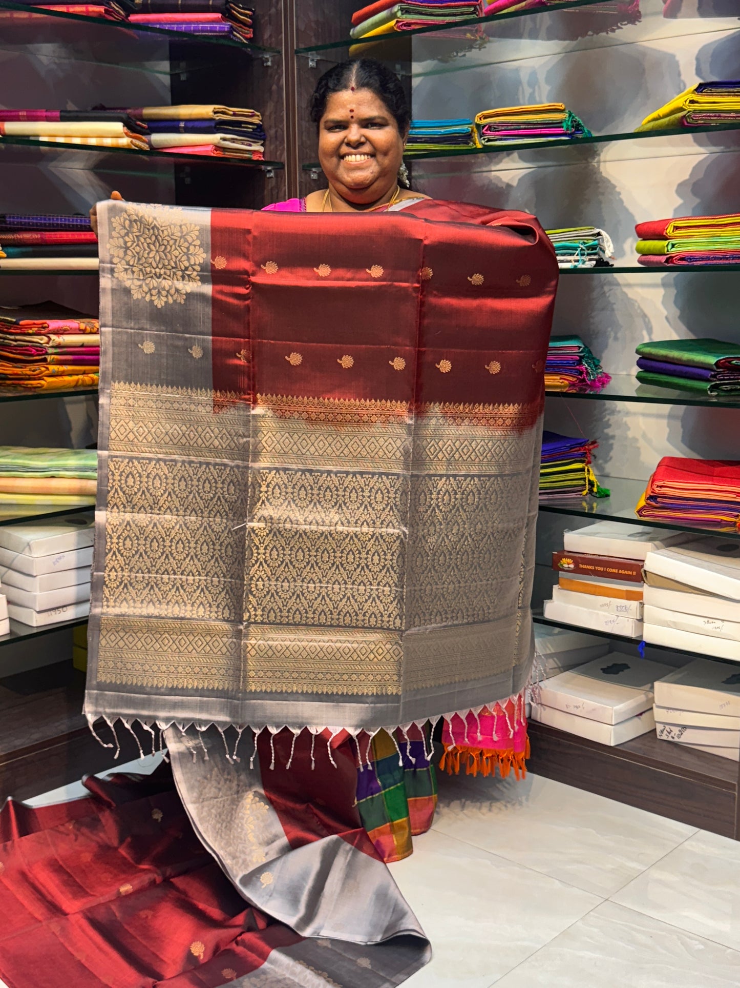Pure Soft Silk Saree - Merun with Grey Combo - VVPSS023