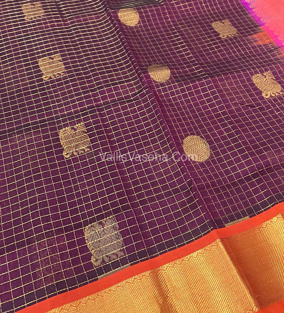 Pure Silk Cotton Saree - Mayil & Chakkaram Design - Brown With Pink Shade - VVMC001