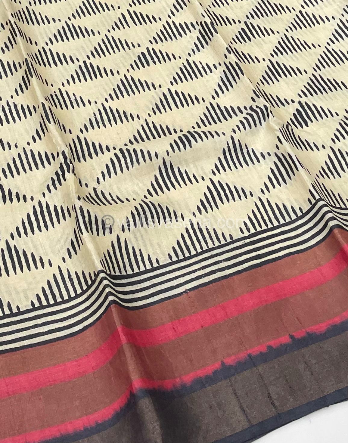 Pure Tussar Silk - Cream With Peach & Black Shade - VVPTS001