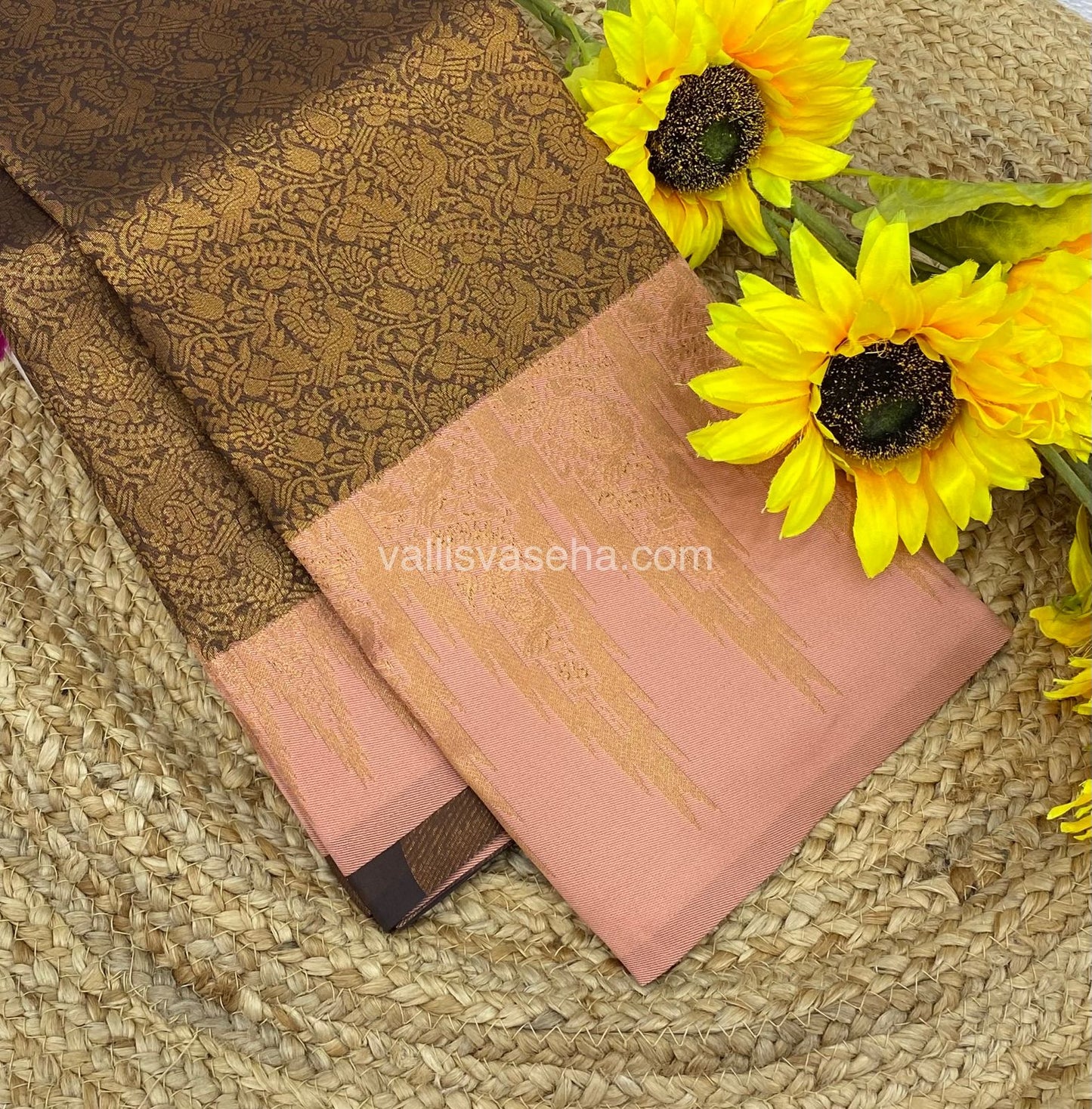 Kanchi Semi Silk - Brown With Peach - Temple Border - VVKSS003