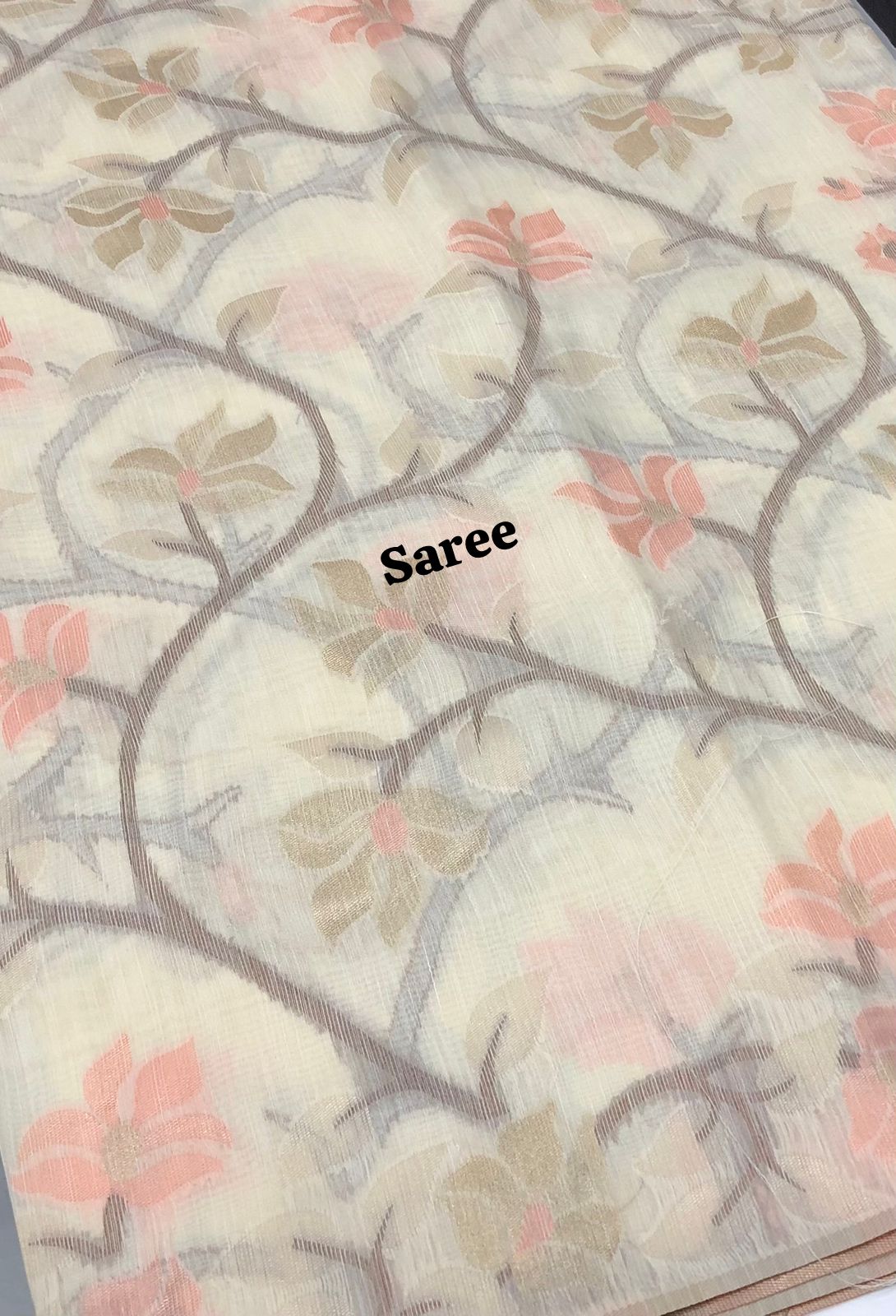 Semi Raw Silk with Jamdhani Design Weaving - Cream Shade - VVRS001
