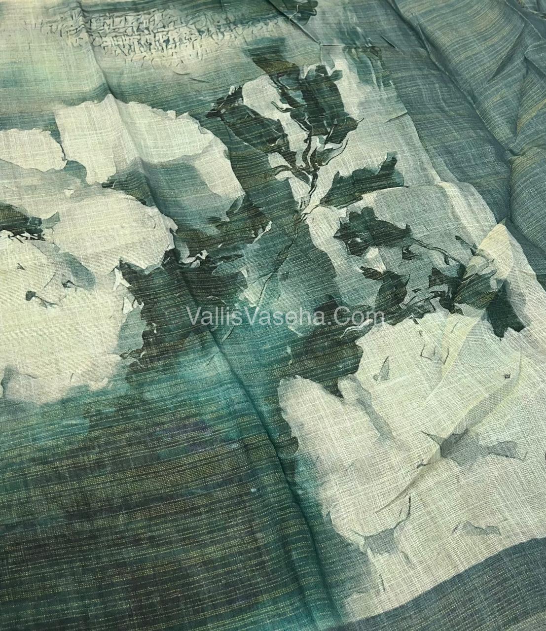 Tissue Linen Saree - Cloud Design - Green Shade - VVTLS002