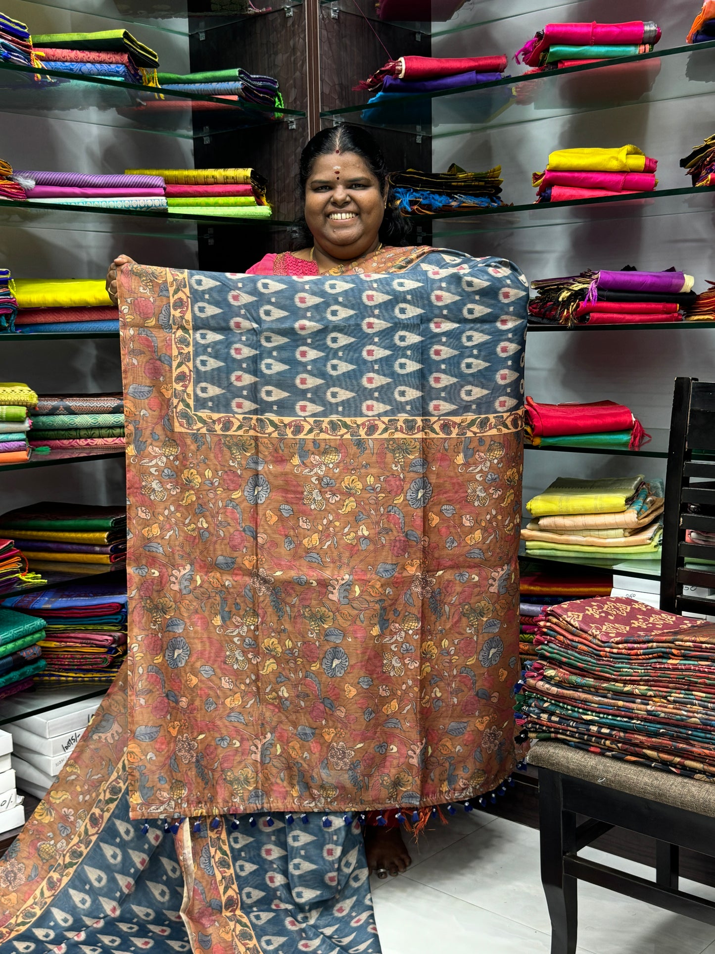 Chanderi Mixed Cotton Saree - Ikkat & kalamkari design - VVCC002