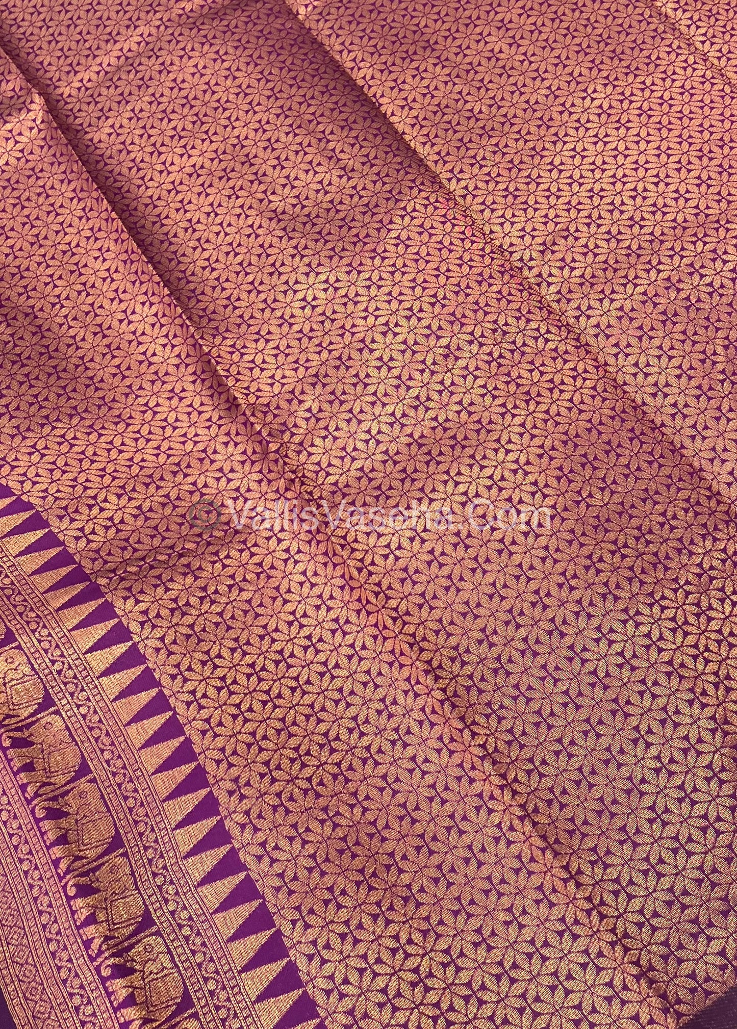 Semi Silk Saree - Kanchi Silk Style - Elephant Border - Peach with Purple - VVSSS005