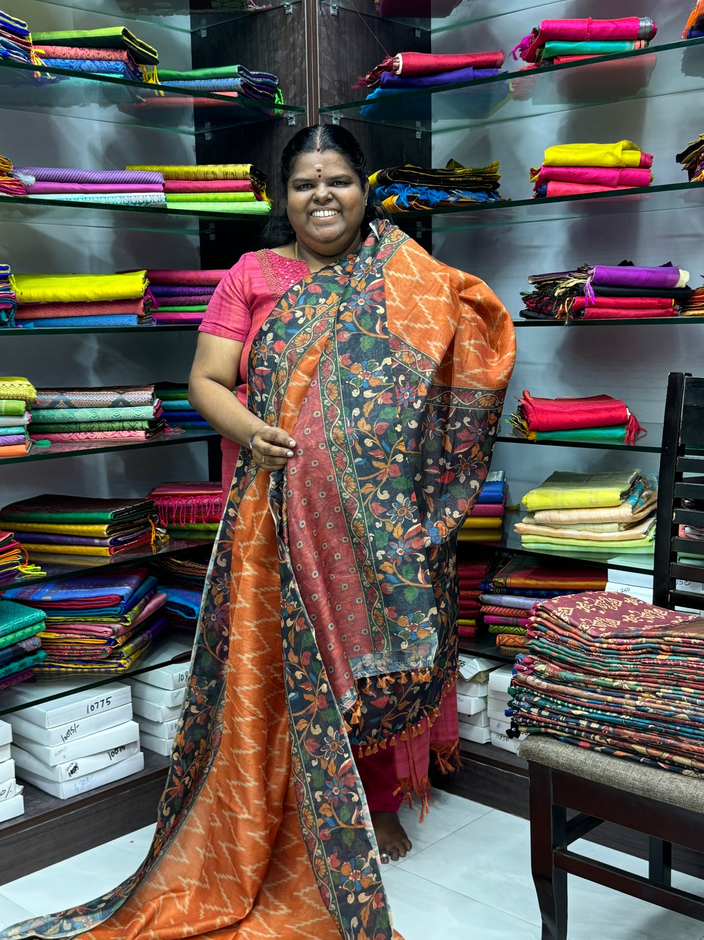Chanderi Mixed Cotton Saree - Ikkat & kalamkari design - VVCC002