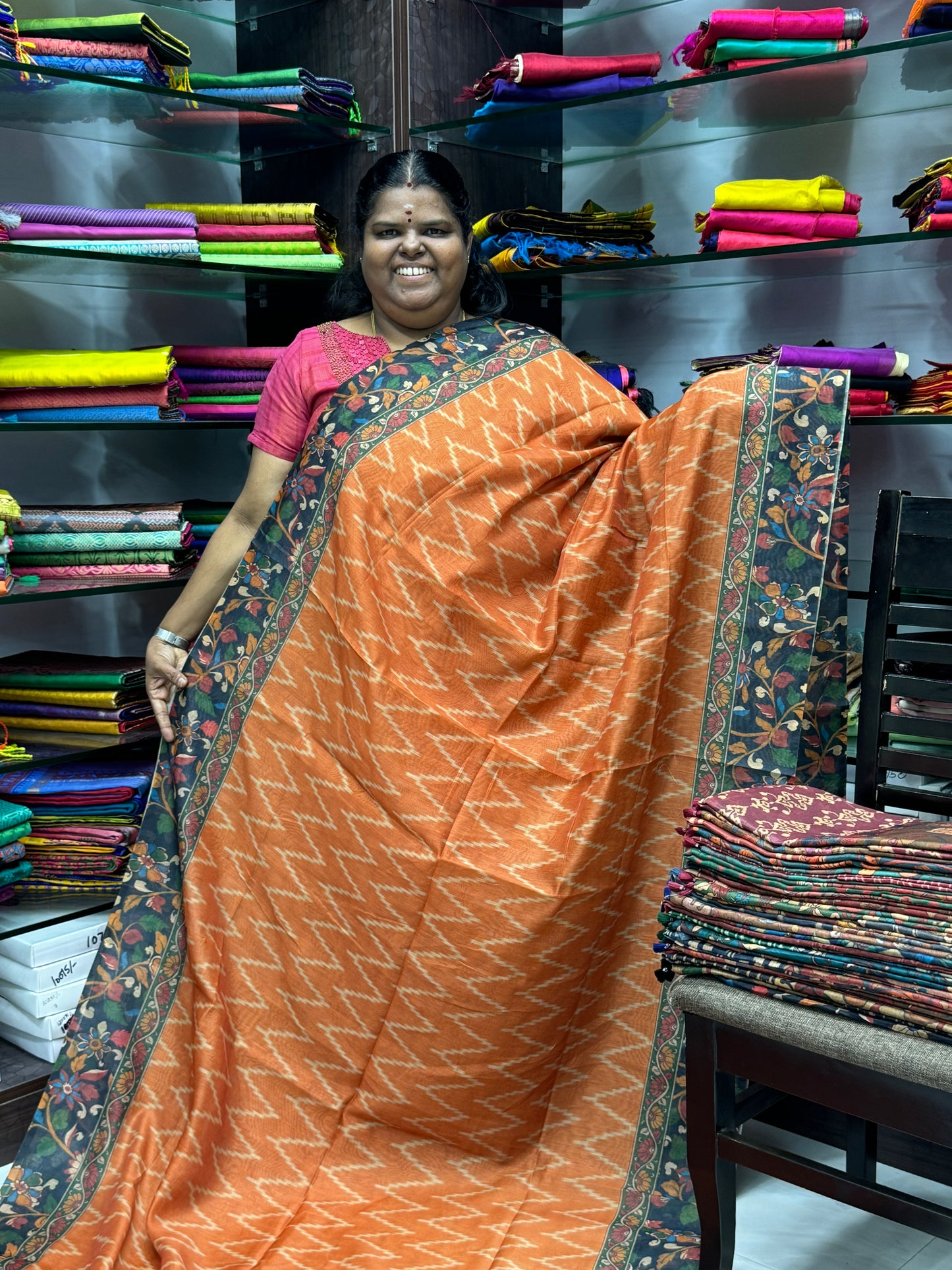 Chanderi Mixed Cotton Saree - Ikkat & kalamkari design - VVCC002