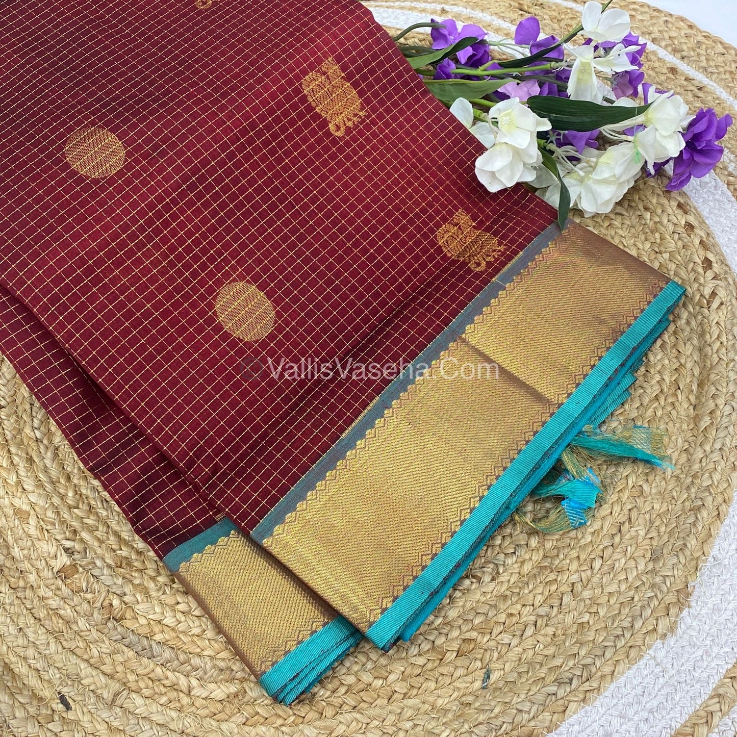 Pure Silk Cotton Saree - Mayil & Chakkaram Design - Maroon with Turquoise Blue - VVMC002