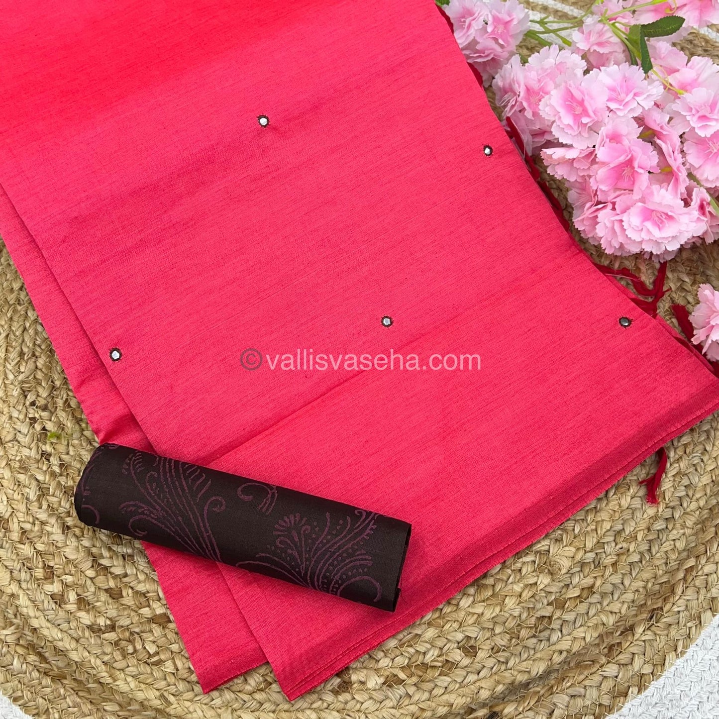 South Mixed Cotton - Mirror Work Embroidery - Peachish Pink with Brown - VVPCM002