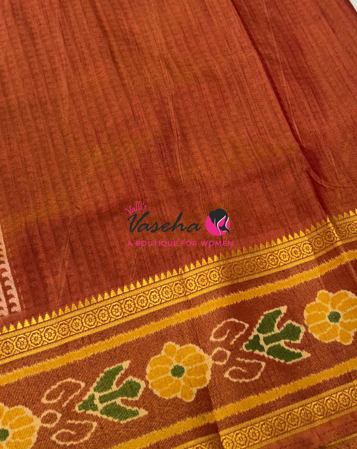 Semi Patola / Art Silk Saree - Green With Rust Orange Combo - VVSPS001