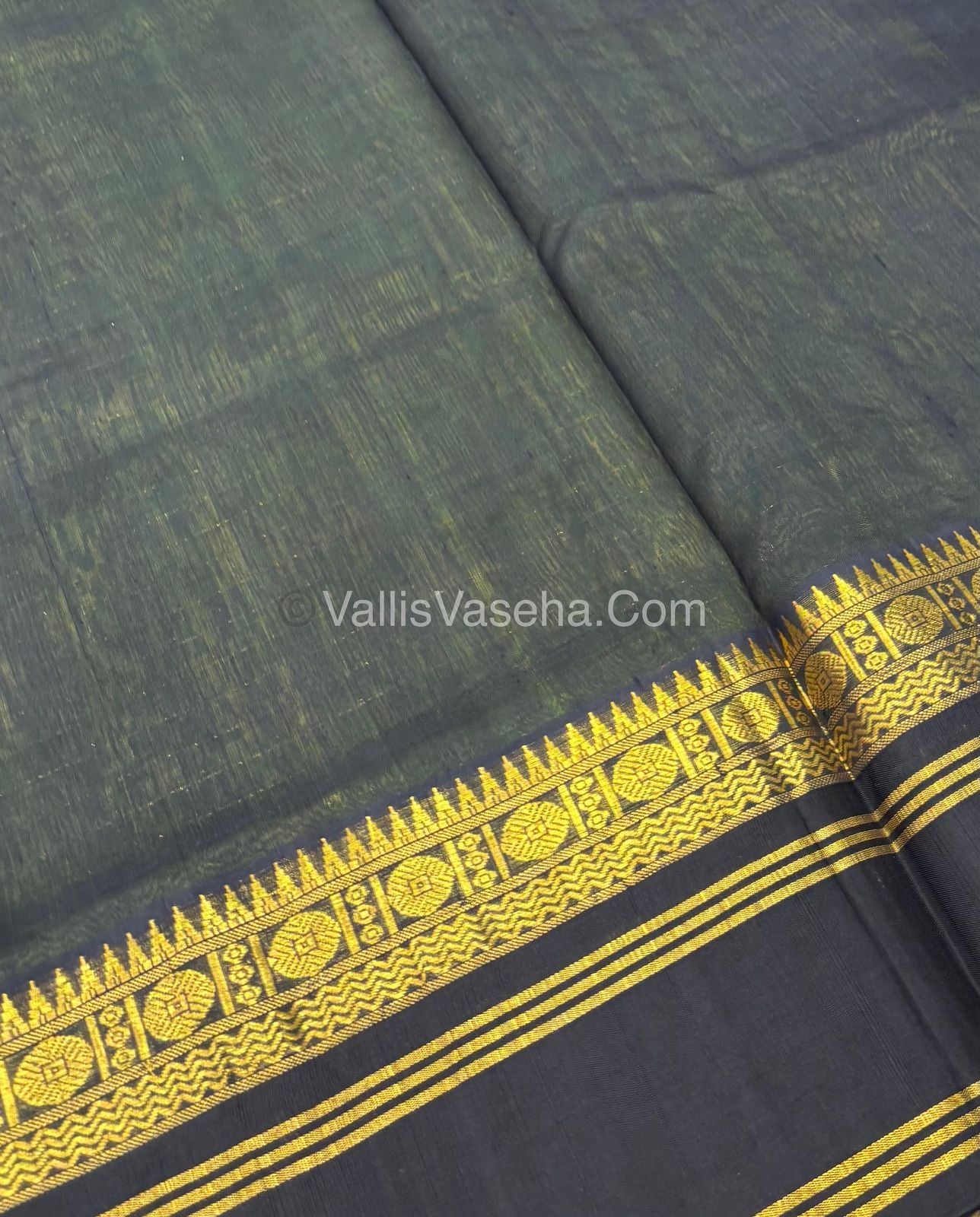 Pure Korvai Silk Cotton - Retta Petta Border - Pista Green with Black Combo - VVKSC010