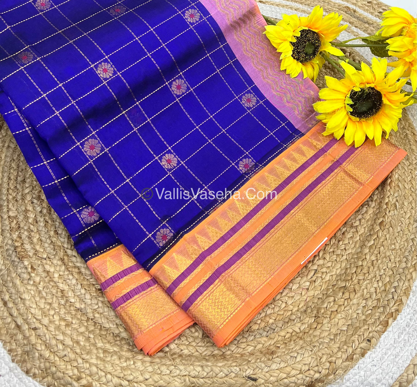 Pure Korvai Silk Cotton Saree - Blue With Peach - VVKSC020