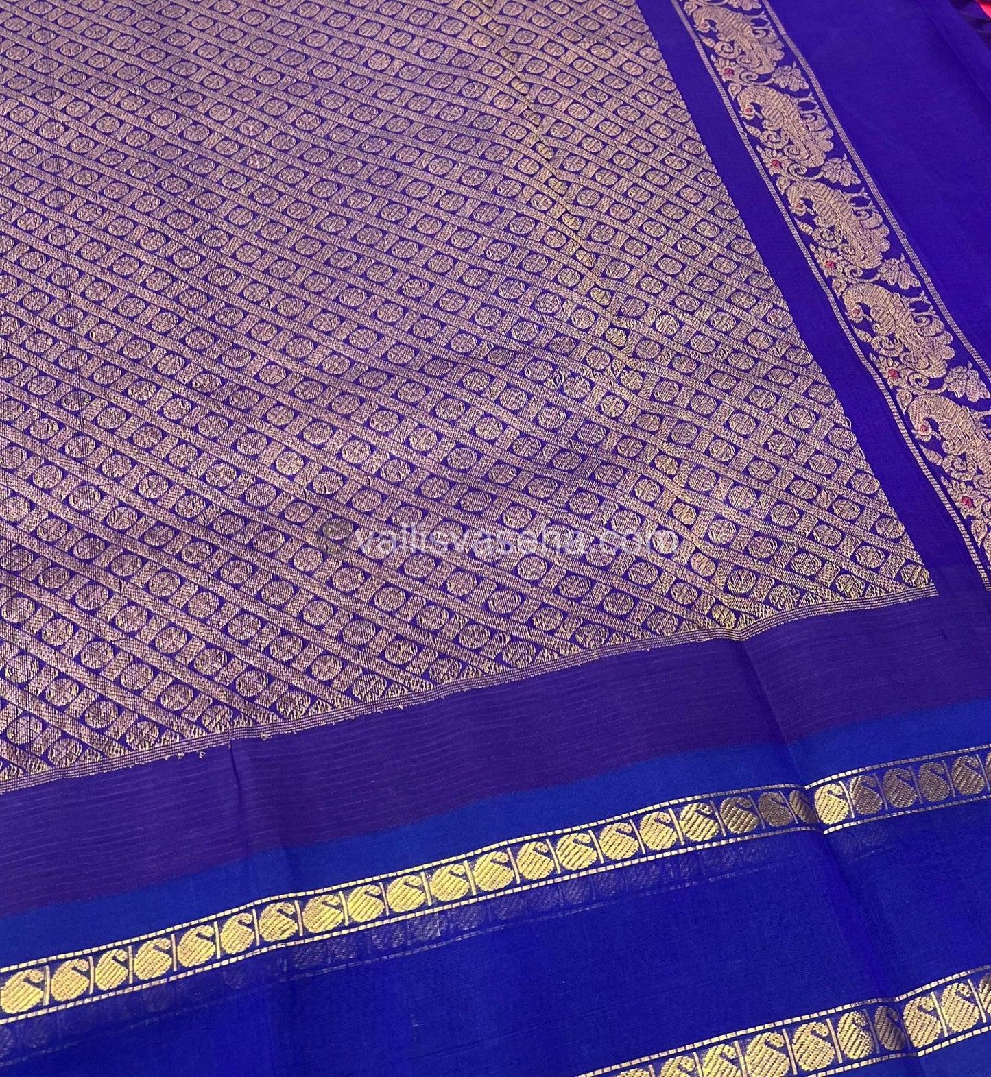Pure Korvai Silk Cotton Saree - Peachish Pink with Blue - Retta Petta border - VVKSC004