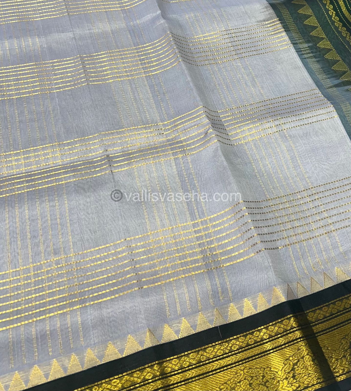 Pure Korvai Silk Cotton - Zari checks lines - Grey & Green Combo - VVKSC010