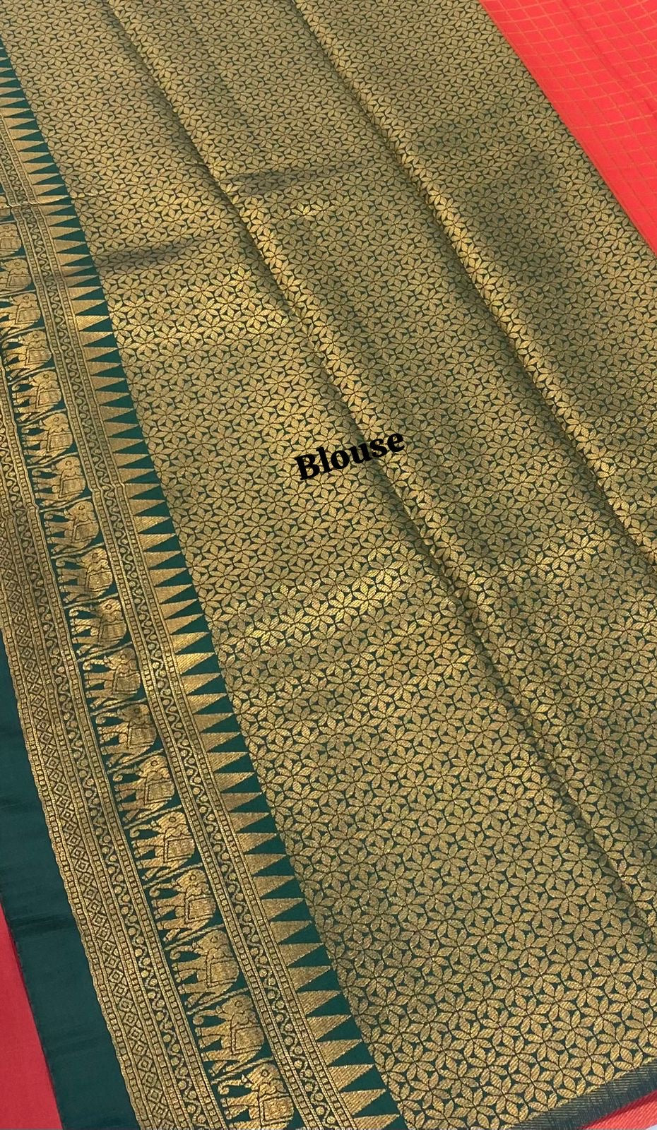 Semi Silk Saree - Kanchi Silk Style - Elephant Border - Red with Green - VVSSS005